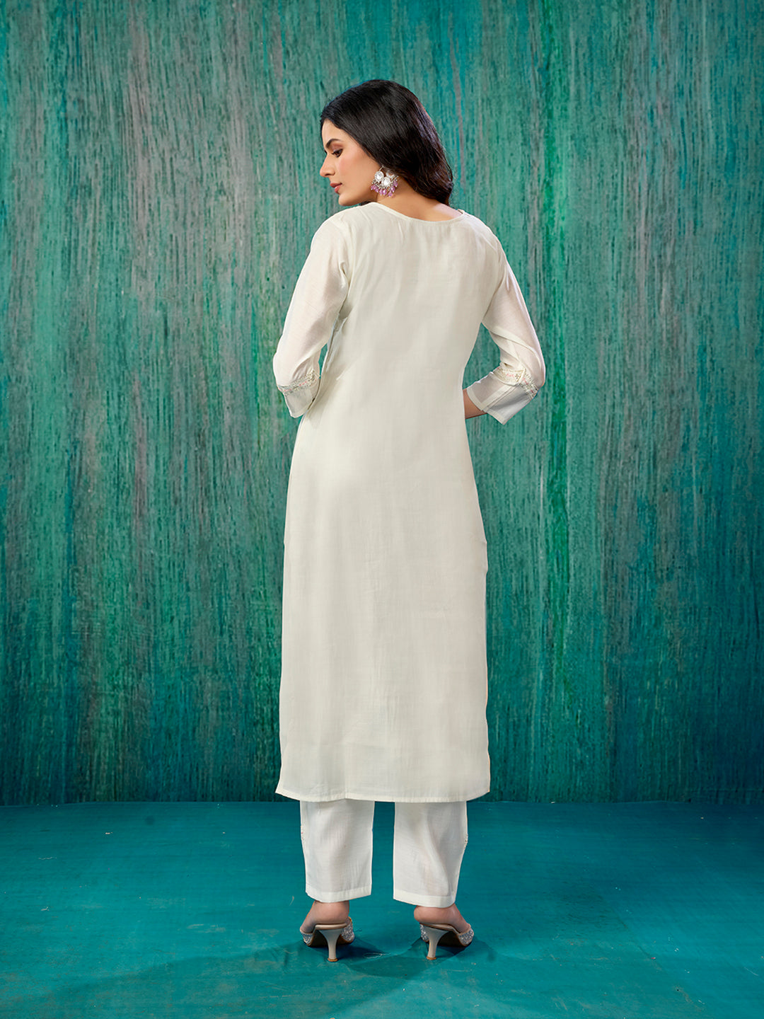 Cream Sequins Embroidered Chanderi Silk Straight Salwar Suit