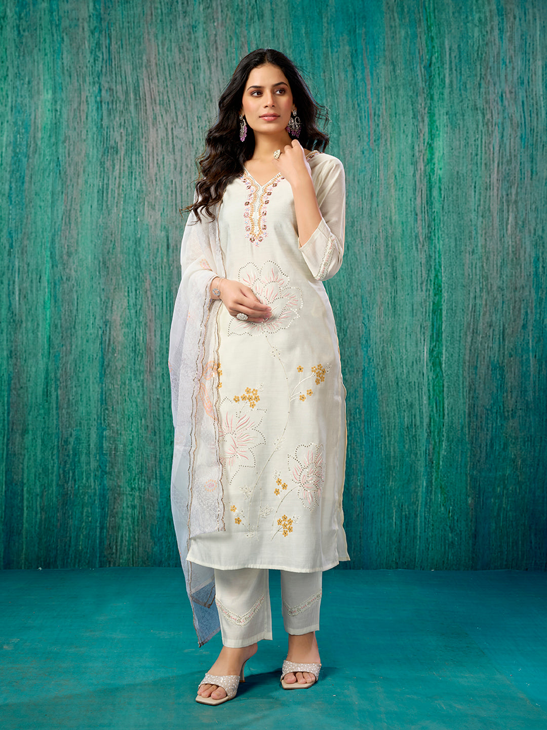 Cream Sequins Embroidered Chanderi Silk Straight Salwar Suit