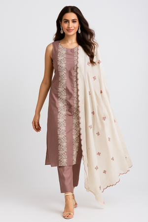 Purple Floral Embroidered Cotton Silk Straight Salwar Suit