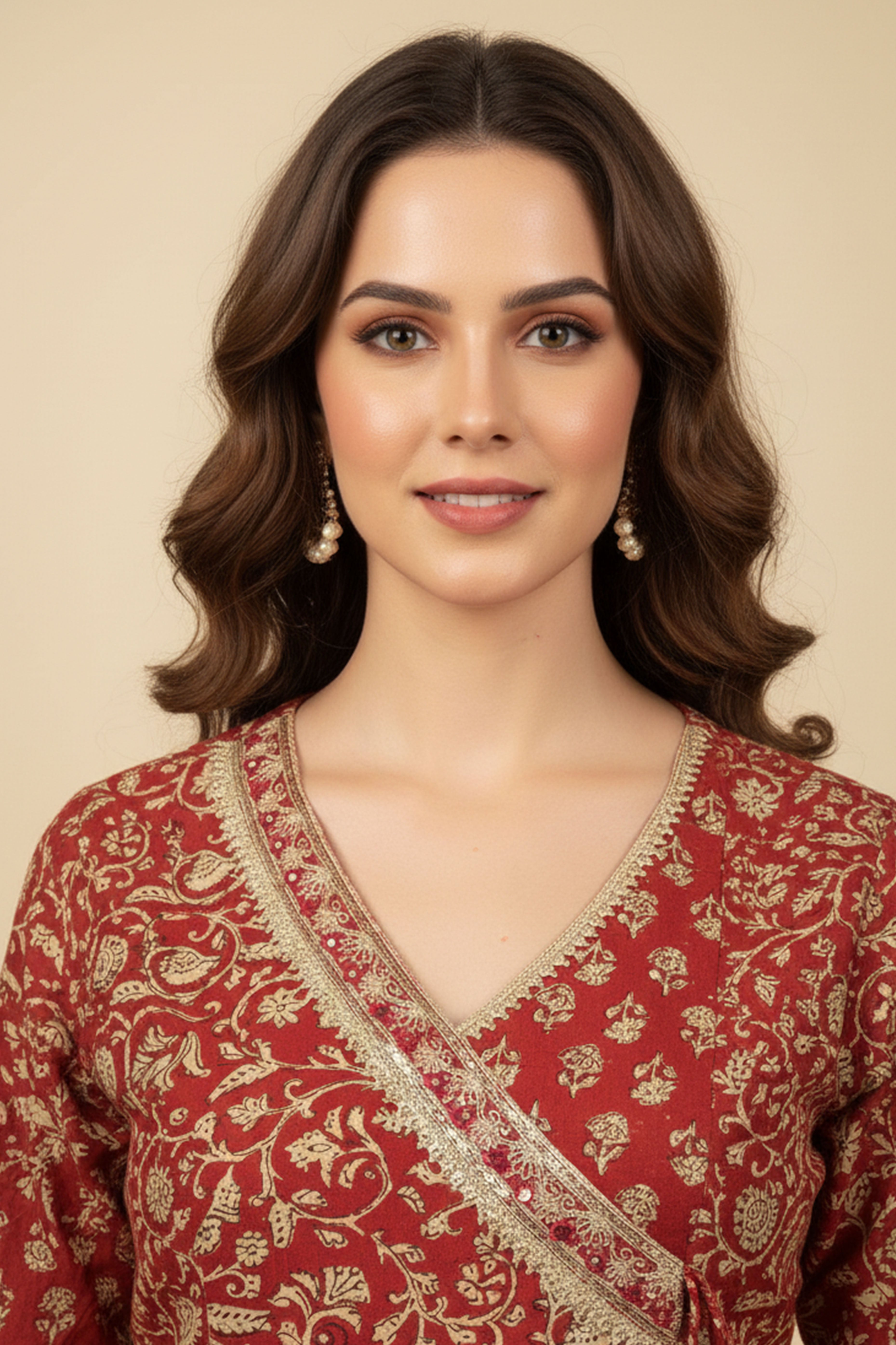 Rusty Red Anarkali Salwar Suit in Pure Cotton with All-Over Floral Print and Delicate Lacework