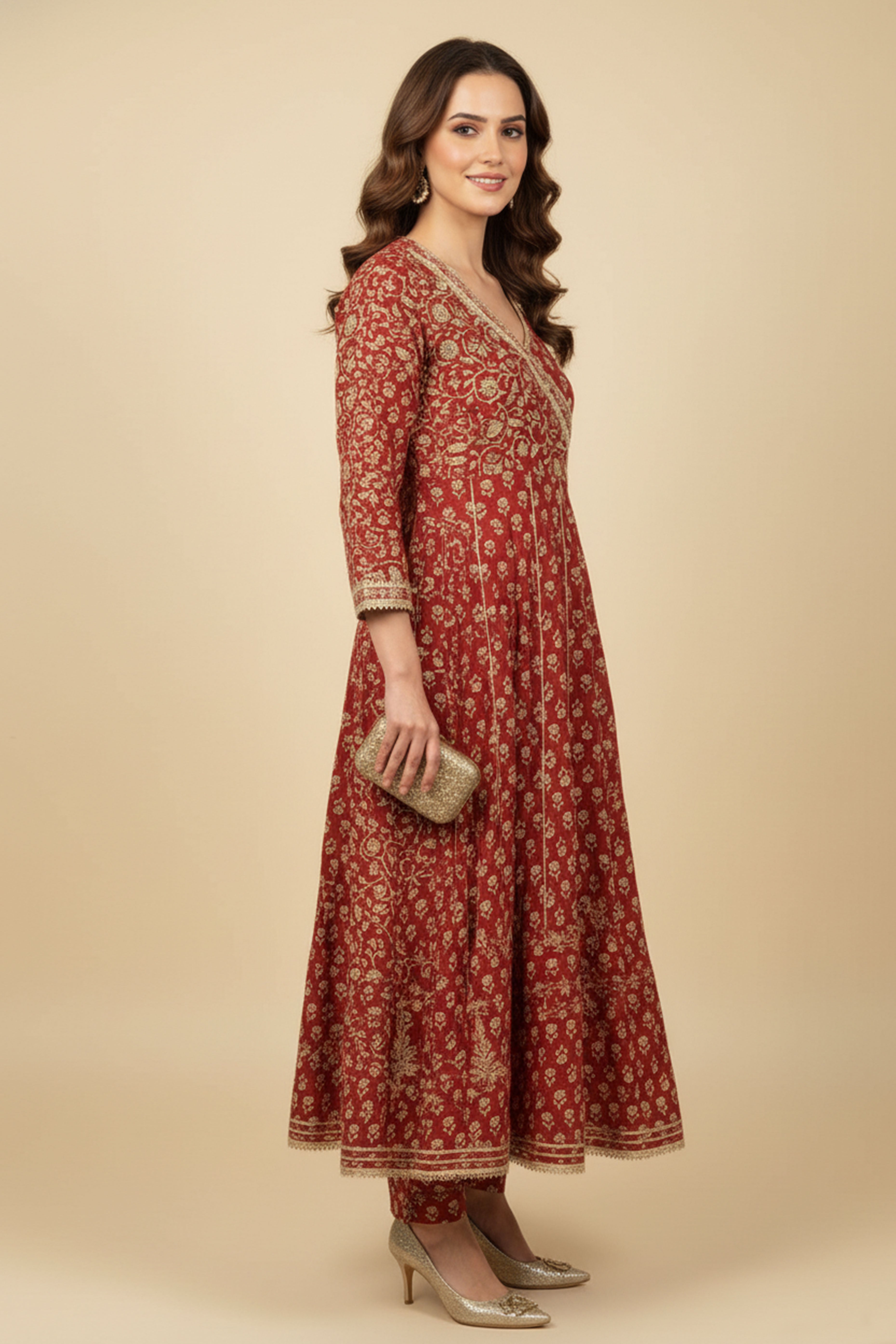 Rusty Red Anarkali Salwar Suit in Pure Cotton with All-Over Floral Print and Delicate Lacework