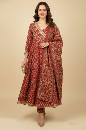 Rusty Red Anarkali Salwar Suit in Pure Cotton with All-Over Floral Print and Delicate Lacework