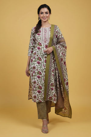Comfortable Green Floral Printed Salwar Suit in Soft Cotton Fabric for Everyday Wear