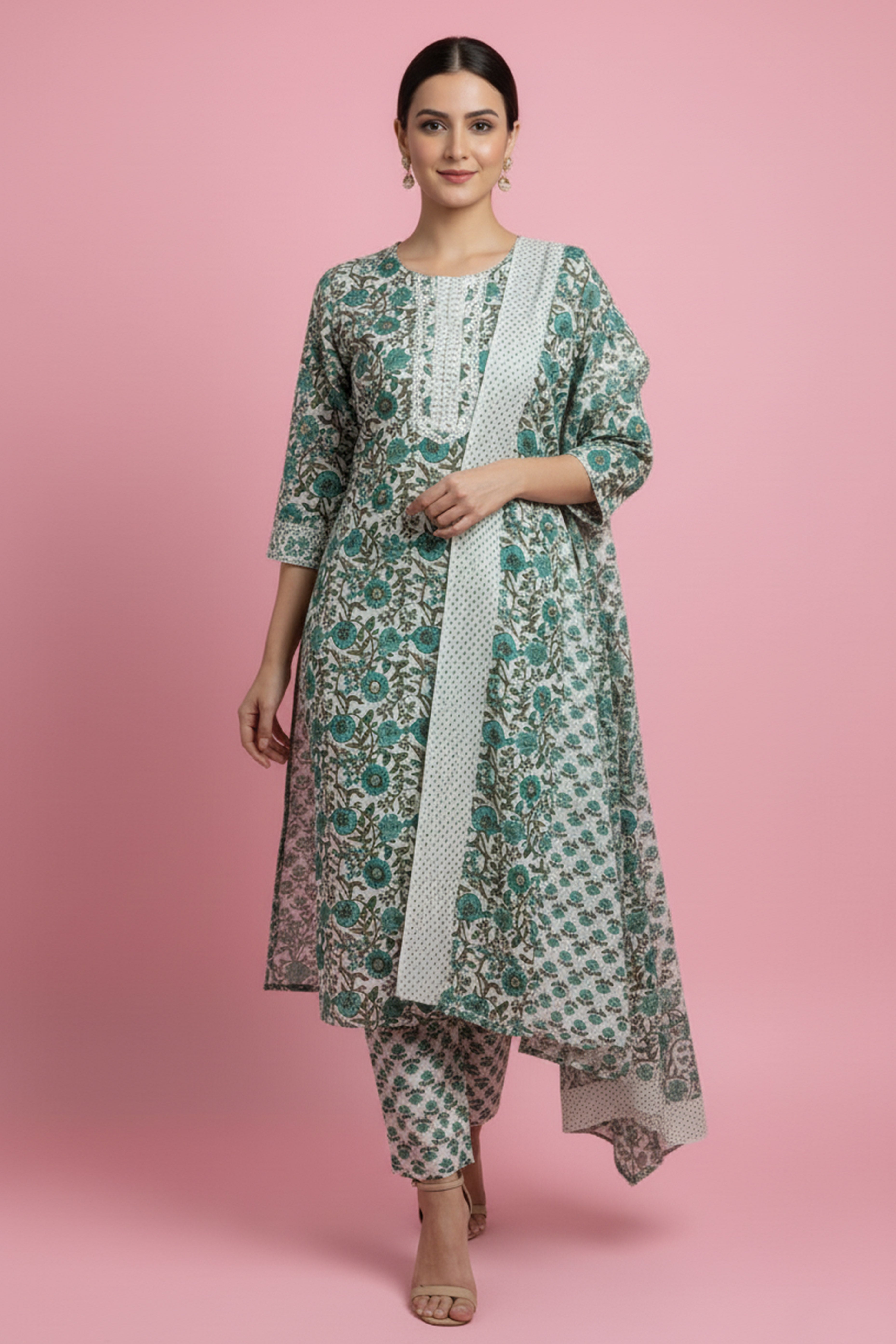 Soft Pure Cotton Sea Green Floral Suit with Handcrafted Neck Patch Design