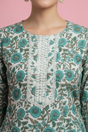 Soft Pure Cotton Sea Green Floral Suit with Handcrafted Neck Patch Design