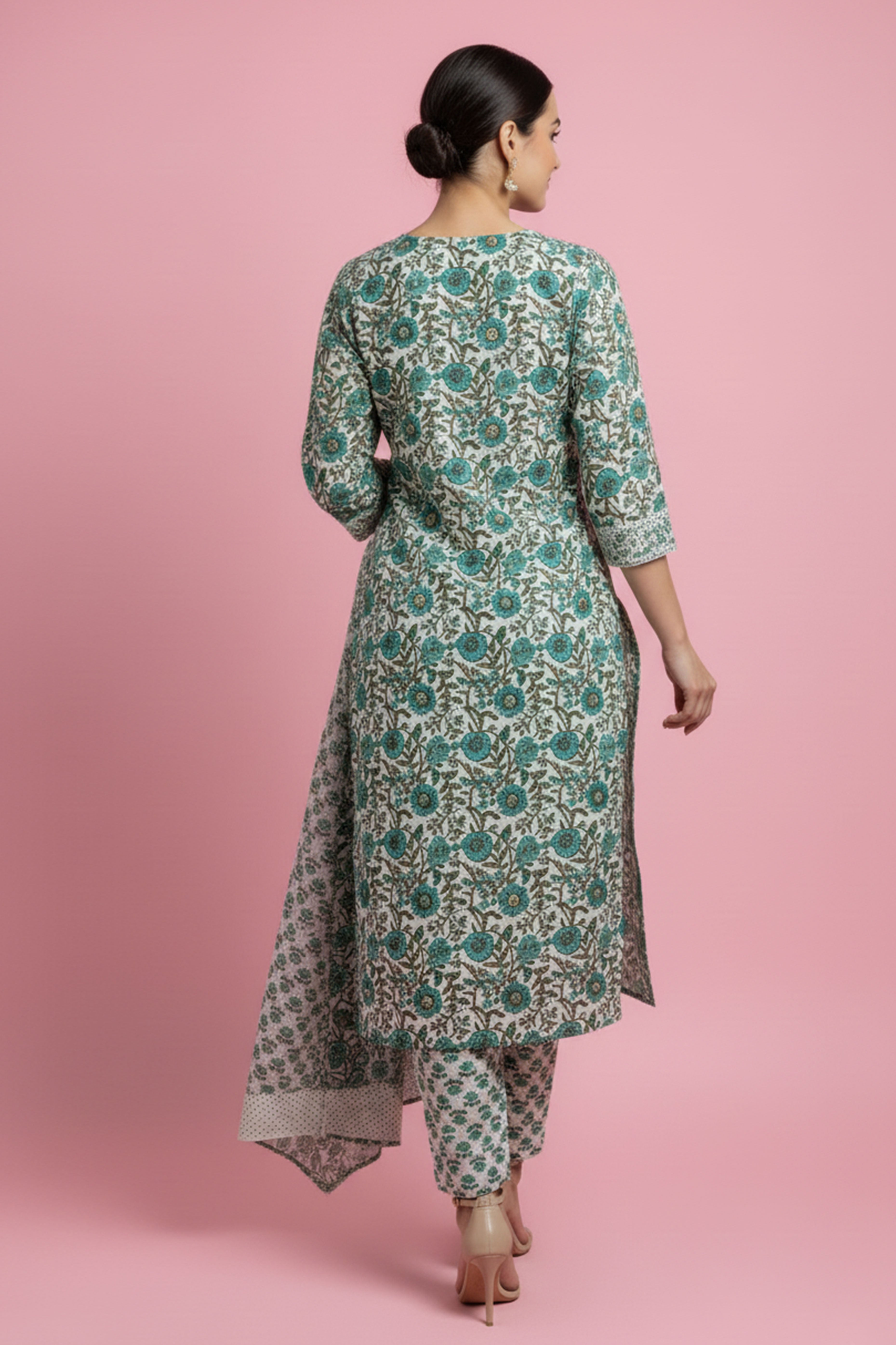 Soft Pure Cotton Sea Green Floral Suit with Handcrafted Neck Patch Design