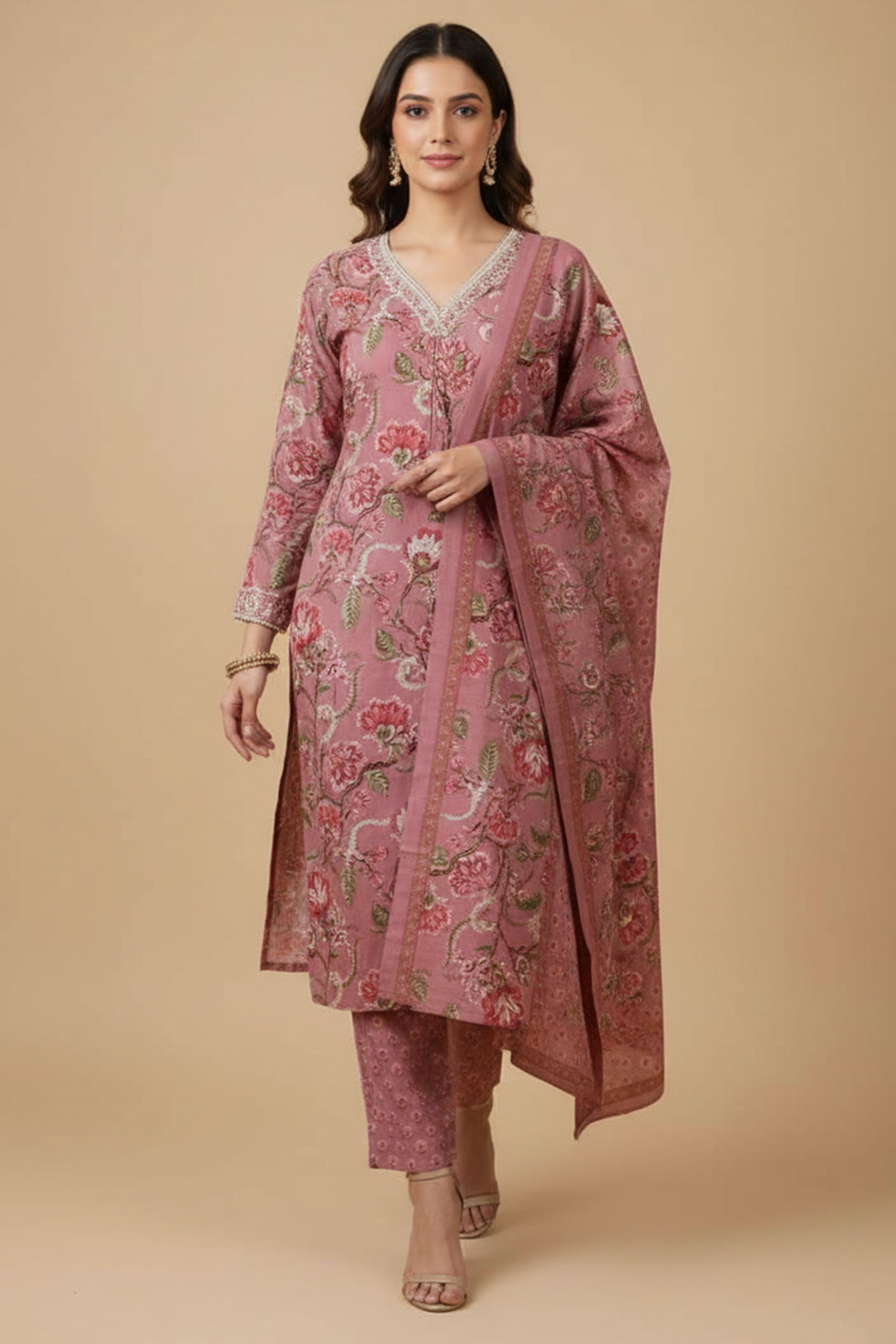 Pink Floral Print Straight Cut Suit Set in Breathable Pure Cotton Fabric