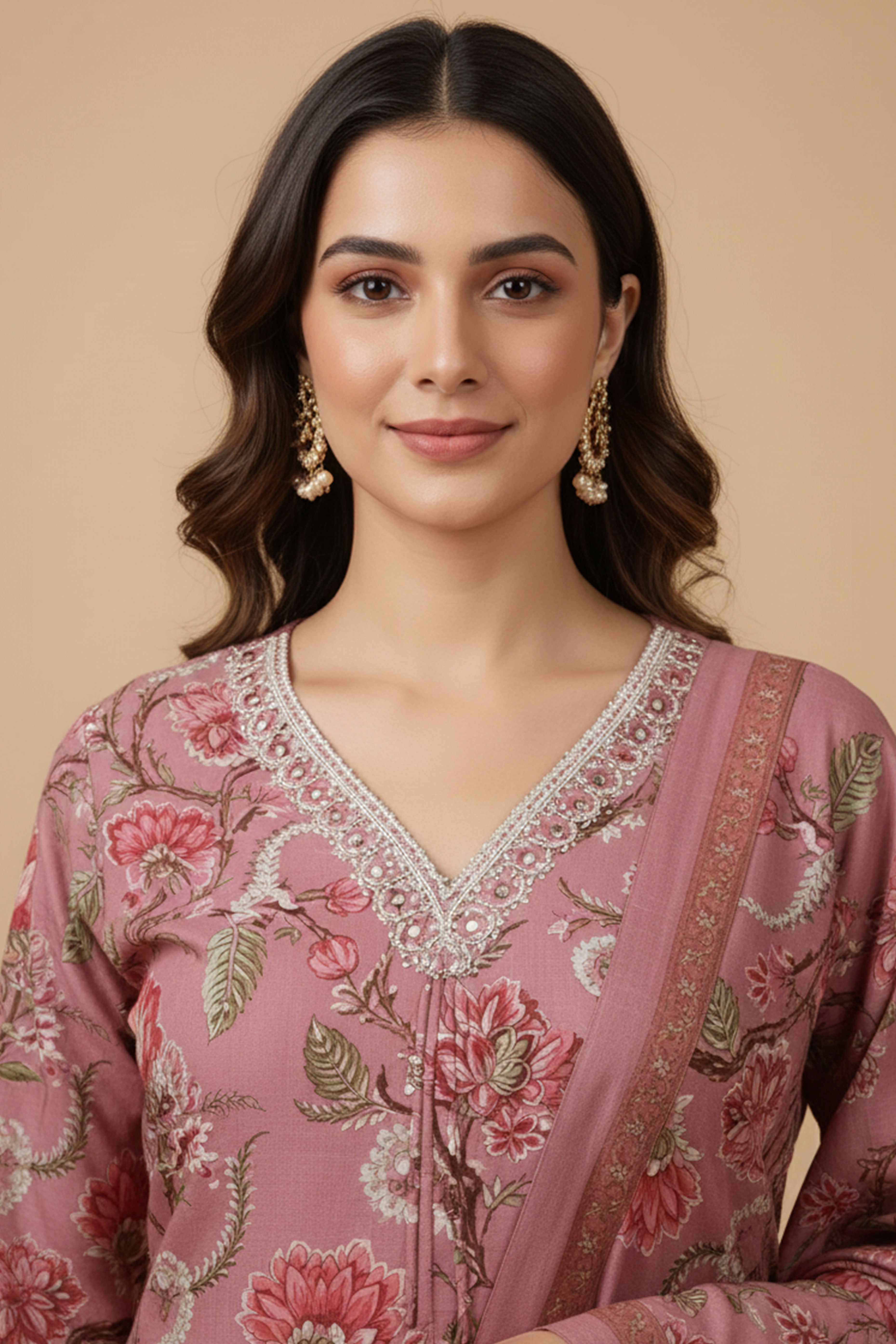 Pink Floral Print Straight Cut Suit Set in Breathable Pure Cotton Fabric