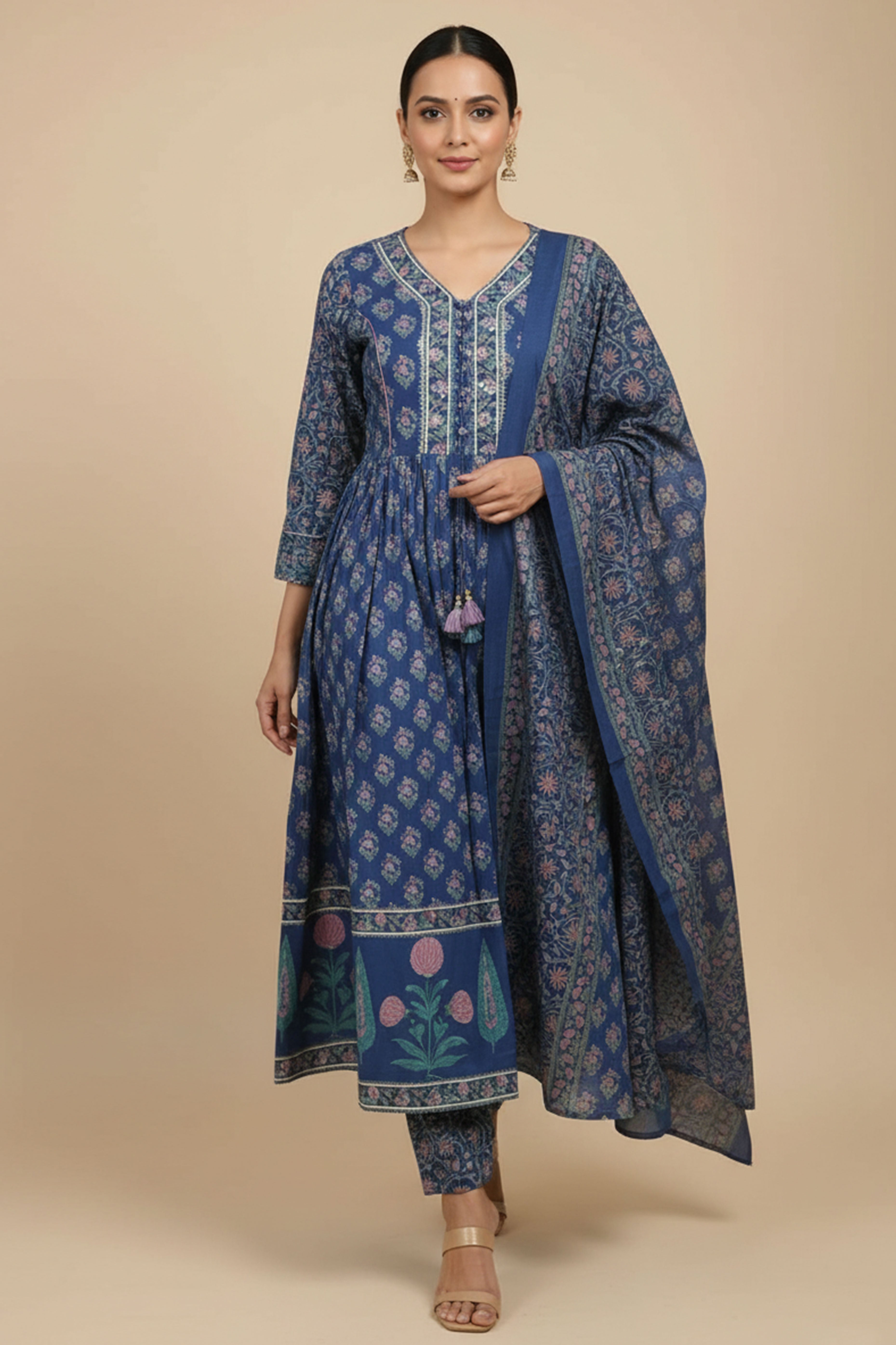 Blue Floral Print Anarkali Salwar Suit Made from Soft and Breathable Pure Cotton Fabric