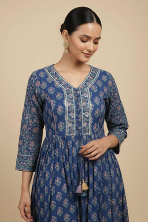 Blue Floral Print Anarkali Salwar Suit Made from Soft and Breathable Pure Cotton Fabric