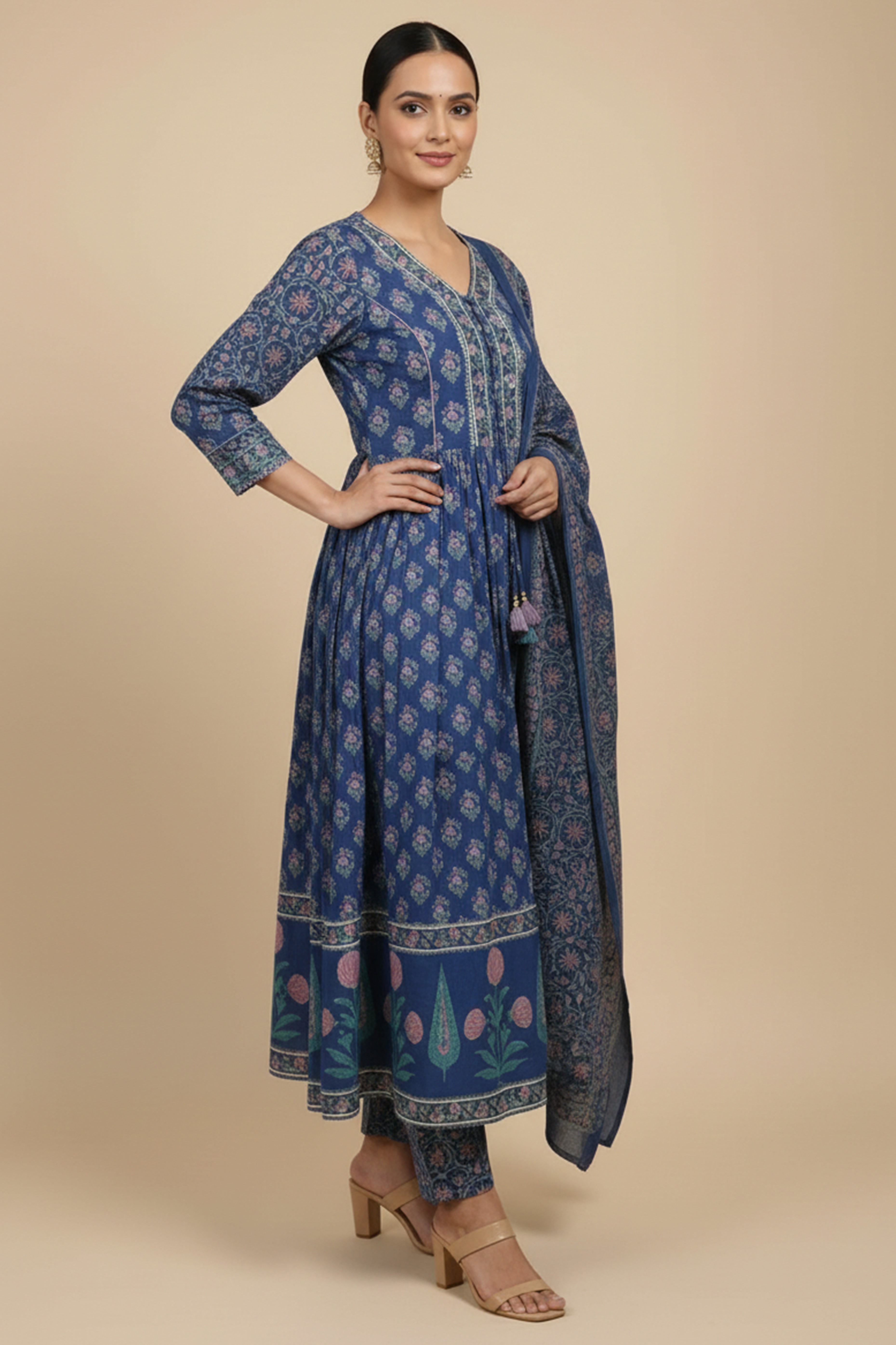 Blue Floral Print Anarkali Salwar Suit Made from Soft and Breathable Pure Cotton Fabric