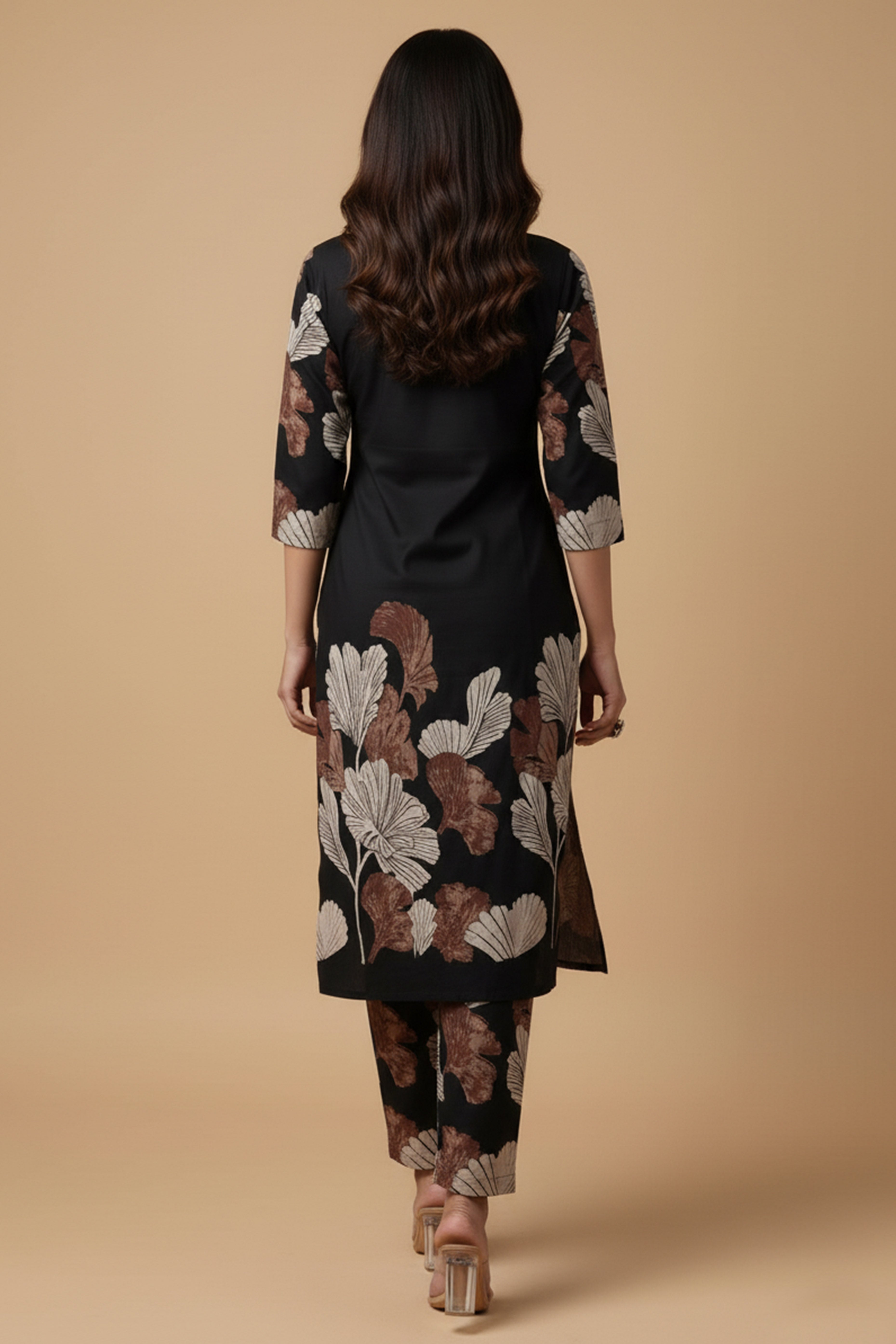 Fashionable Black Pure Cotton Top Bottom Set Highlighted with Vibrant Floral Patterns