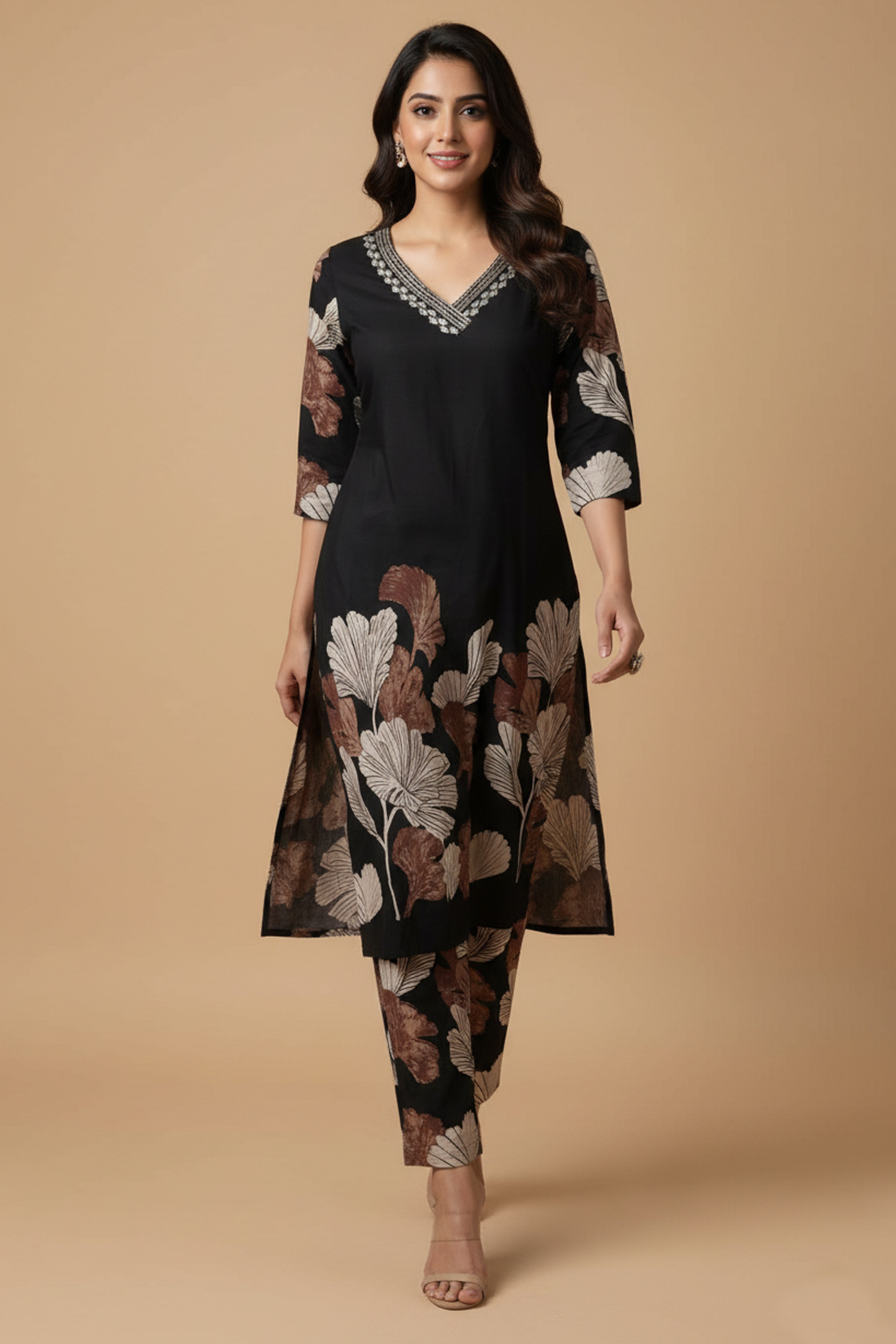 Fashionable Black Pure Cotton Top Bottom Set Highlighted with Vibrant Floral Patterns