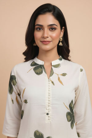 Off White Floral Printed Cotton Set Including Comfortable Top and Matching Bottom