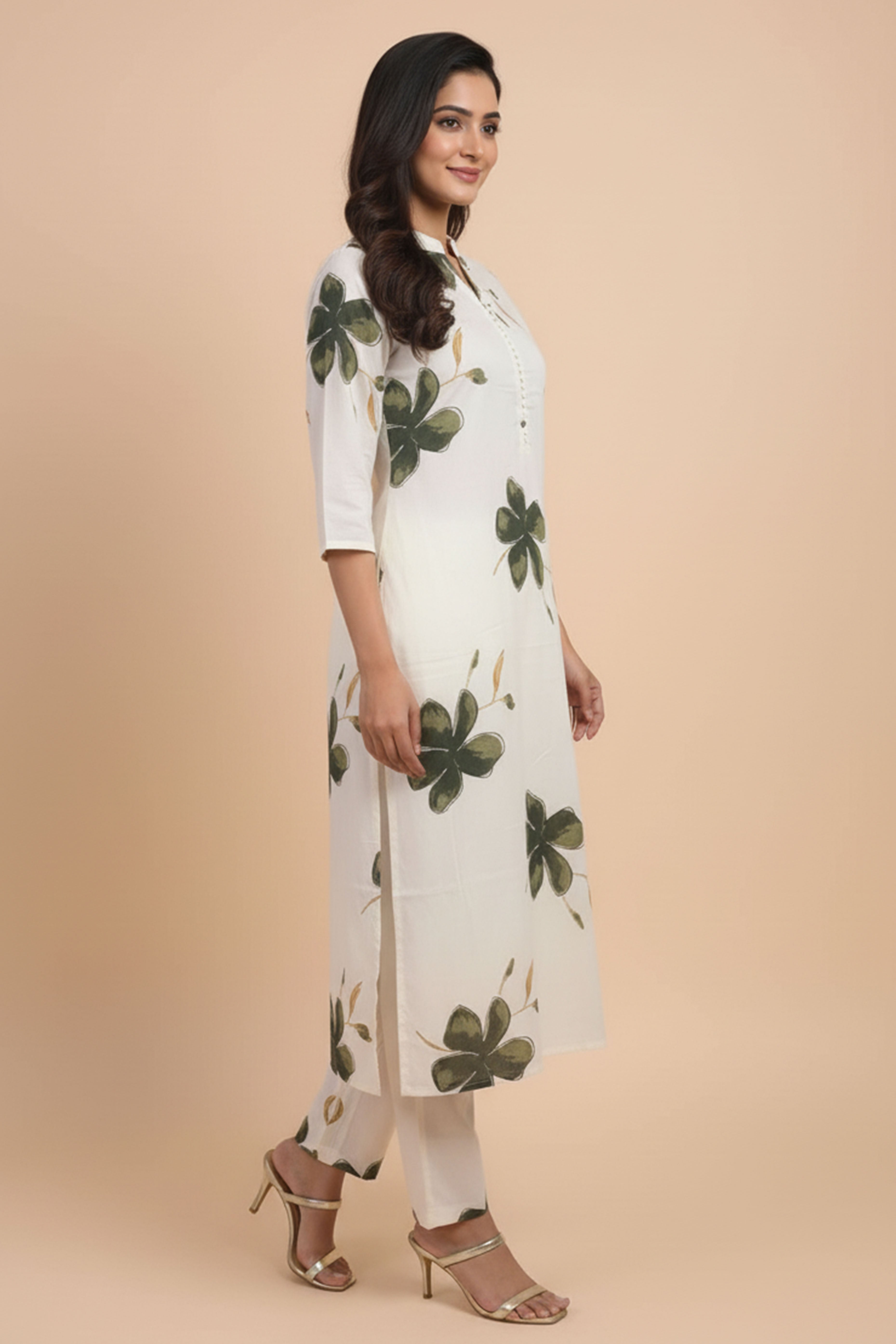 Off White Floral Printed Cotton Set Including Comfortable Top and Matching Bottom