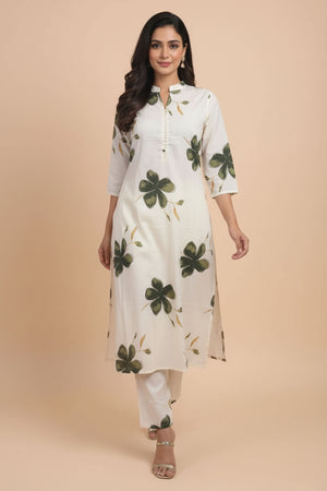 Off White Floral Printed Cotton Set Including Comfortable Top and Matching Bottom