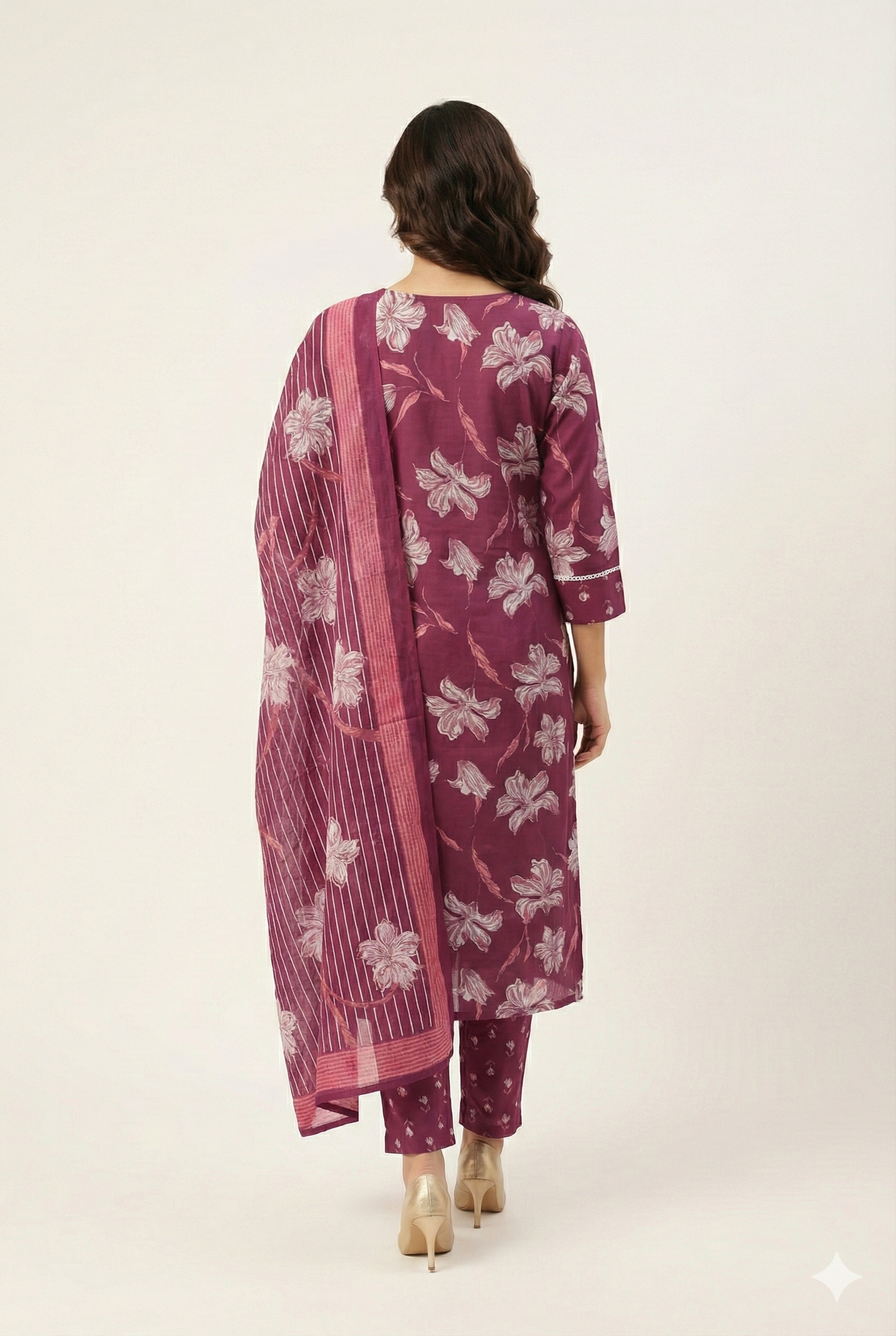 Wine Pure Cotton Suit Set Showcasing Delicate Floral Prints and Fine Thread Work
