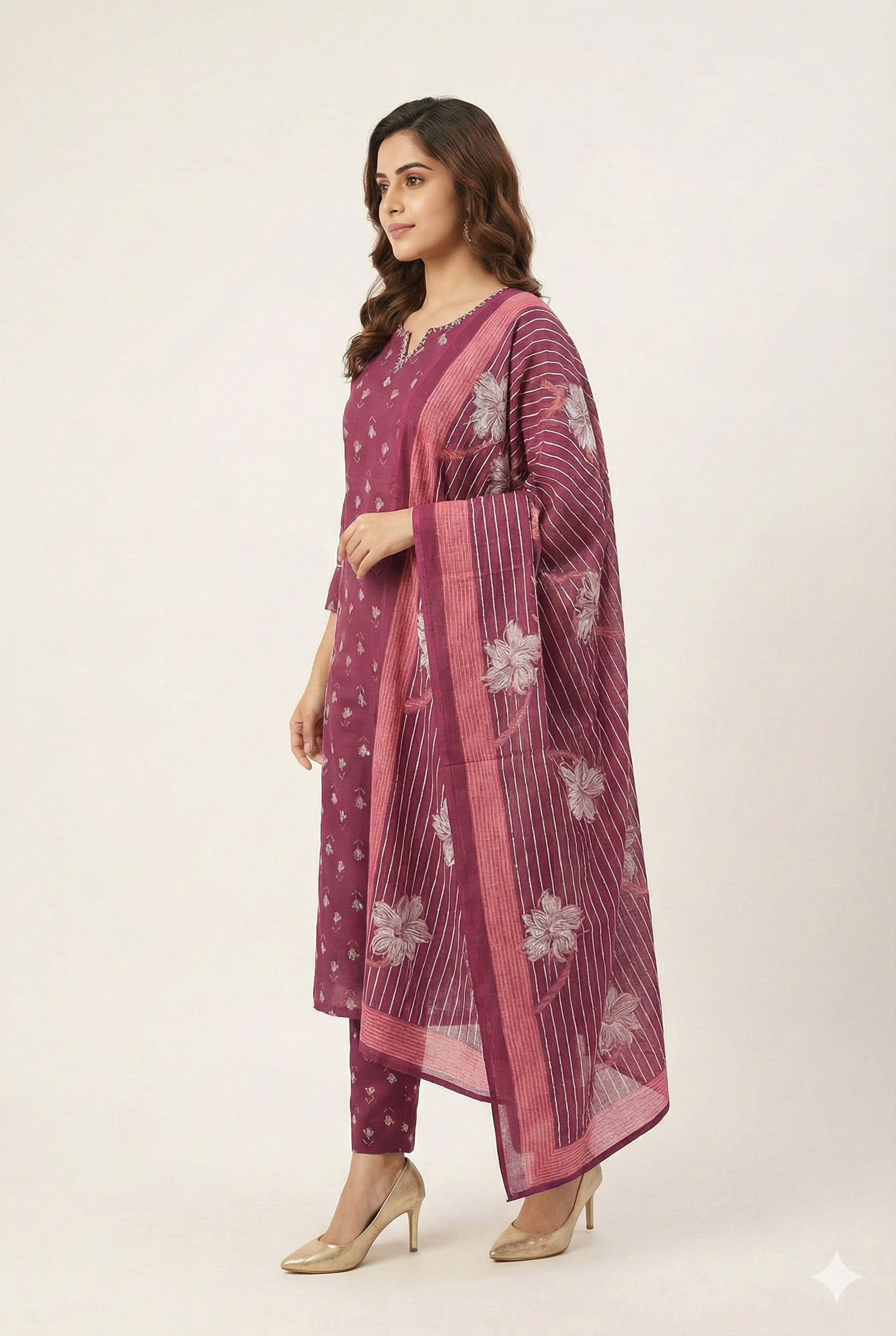 Wine Pure Cotton Suit Set Showcasing Delicate Floral Prints and Fine Thread Work