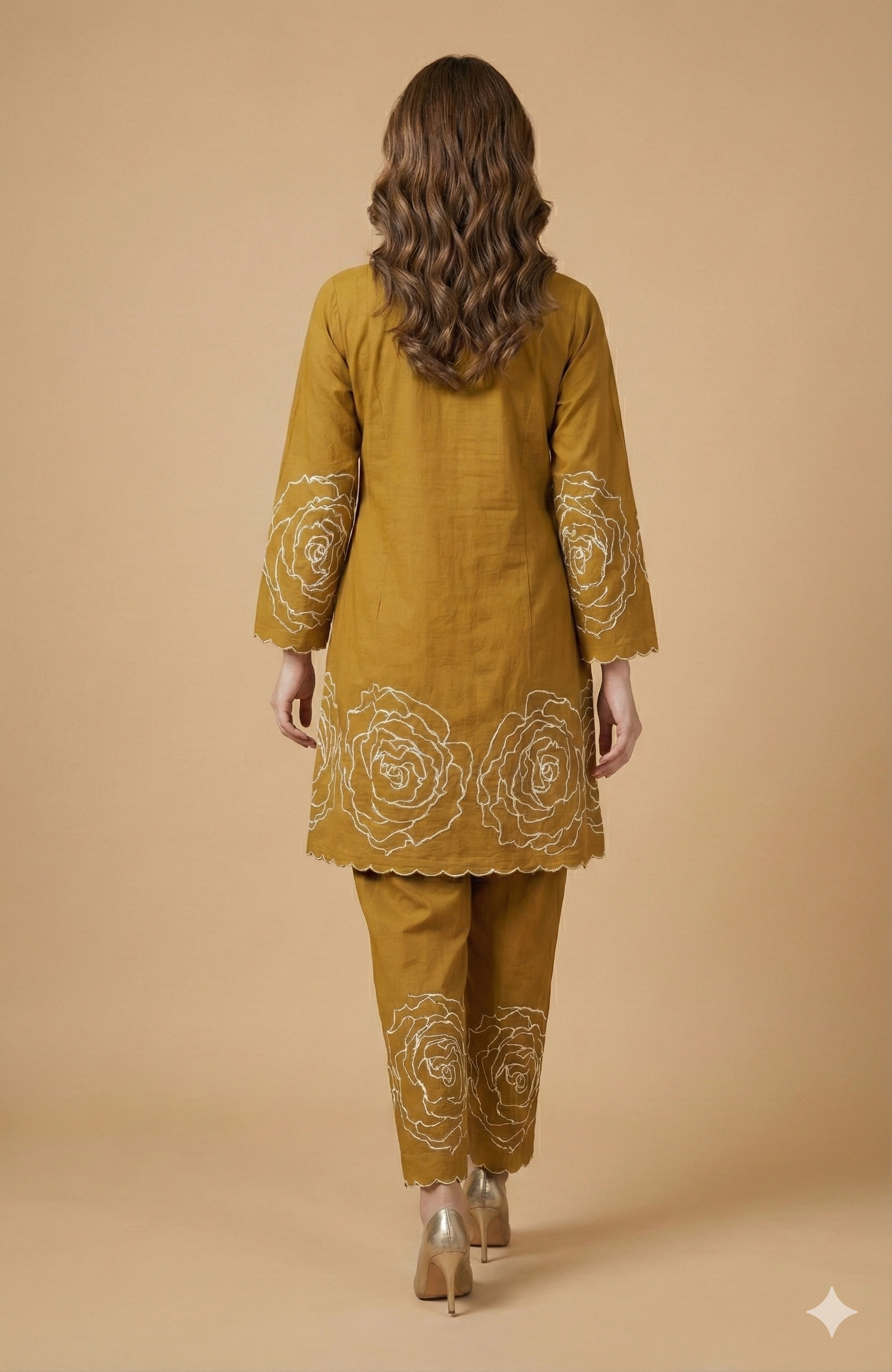 Stylish Mustard Pure Cotton A-Line Top Bottom Set Accented with Graceful Floral Patterns