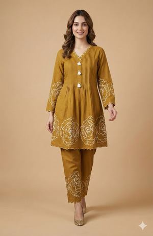 Stylish Mustard Pure Cotton A-Line Top Bottom Set Accented with Graceful Floral Patterns