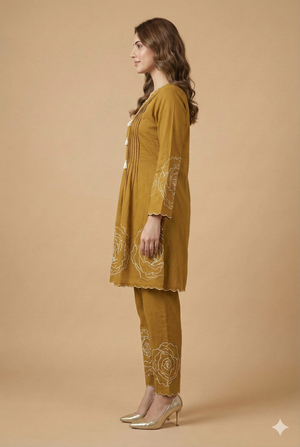 Stylish Mustard Pure Cotton A-Line Top Bottom Set Accented with Graceful Floral Patterns