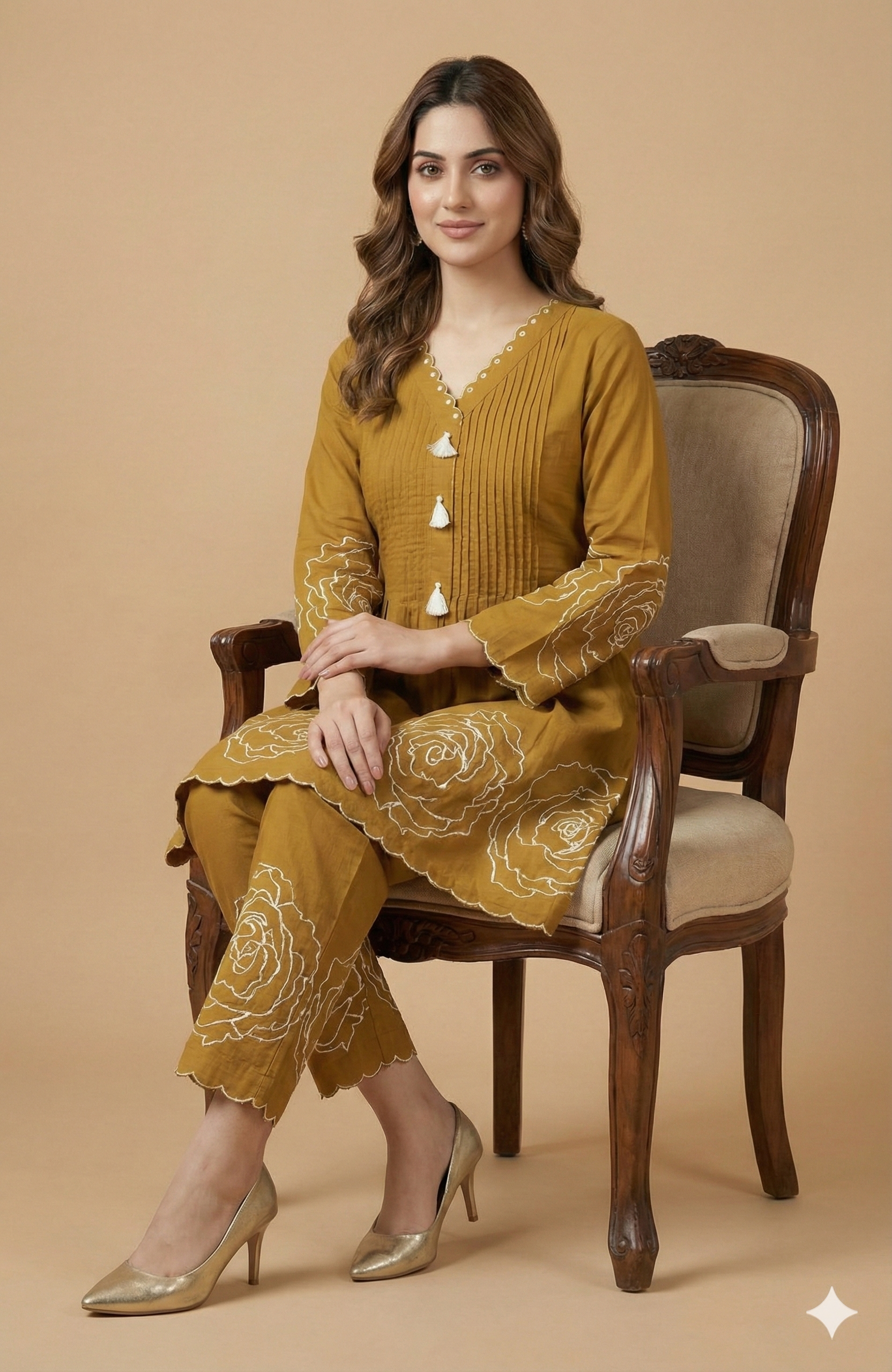 Stylish Mustard Pure Cotton A-Line Top Bottom Set Accented with Graceful Floral Patterns