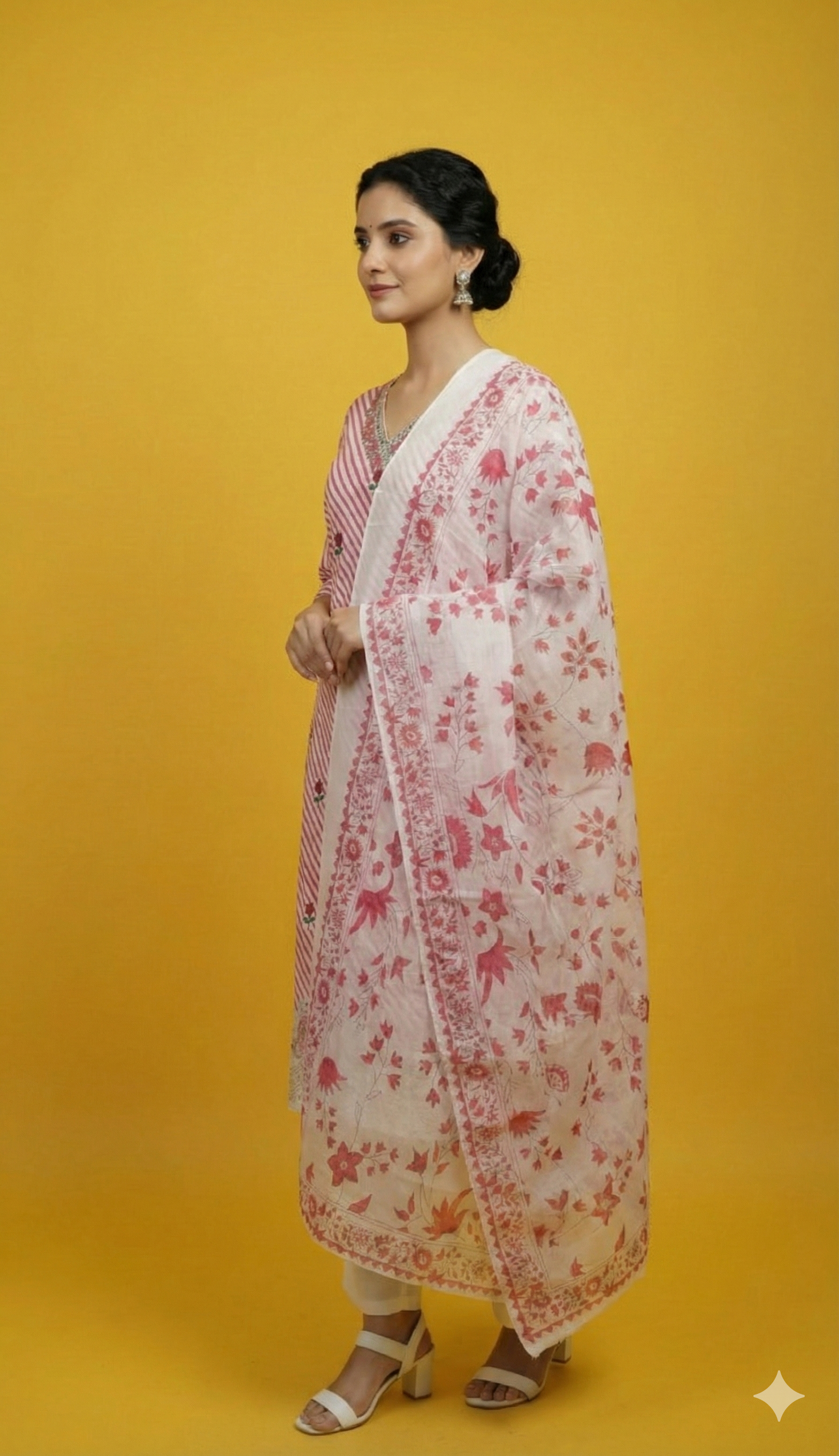 White Floral Printed Pure Cotton Straight Cut Salwar Suit for Festive Wear
