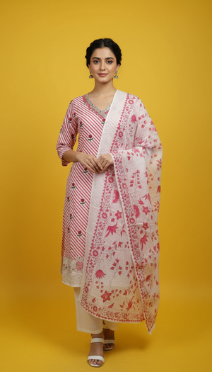 White Floral Printed Pure Cotton Straight Cut Salwar Suit for Festive Wear