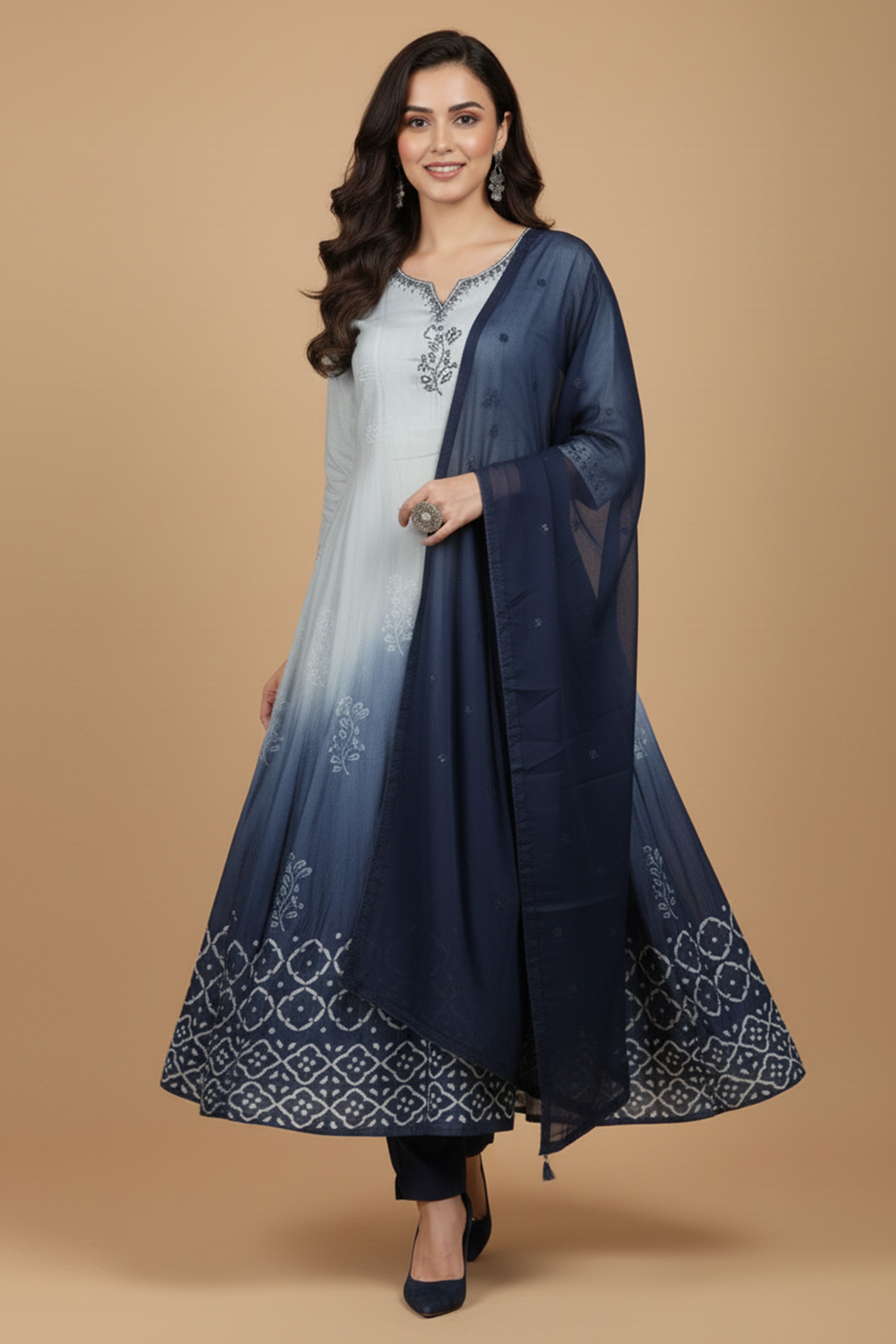 Grey & Blue Handwork Muslin Salwar Suit
