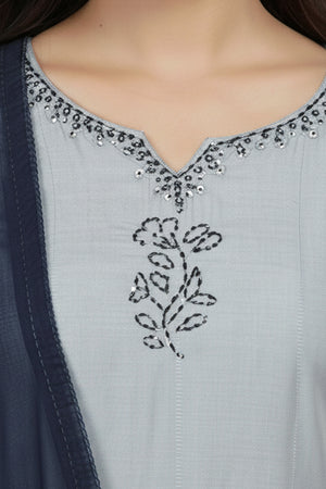 Grey & Blue Handwork Muslin Salwar Suit