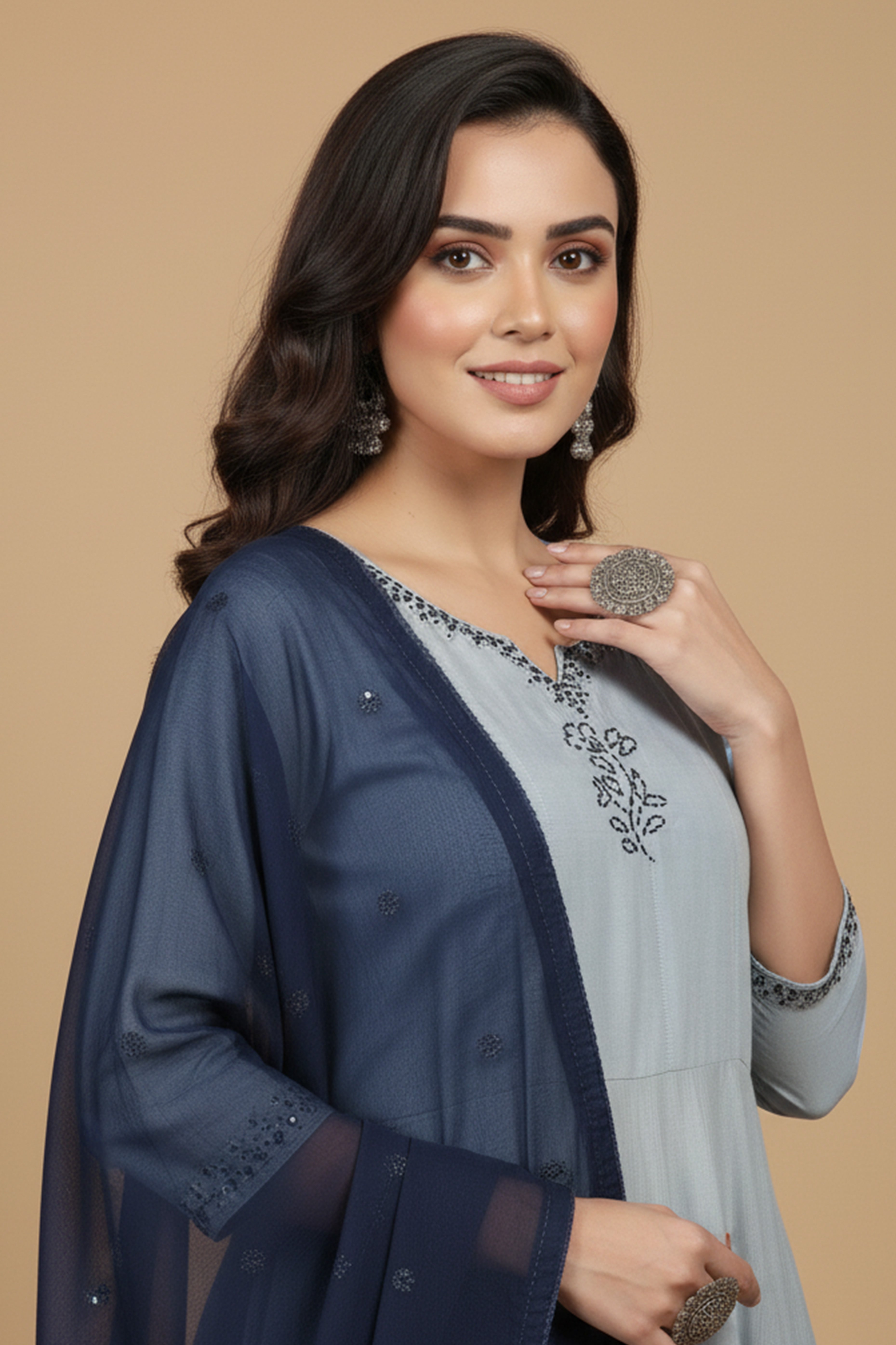 Grey & Blue Handwork Muslin Salwar Suit