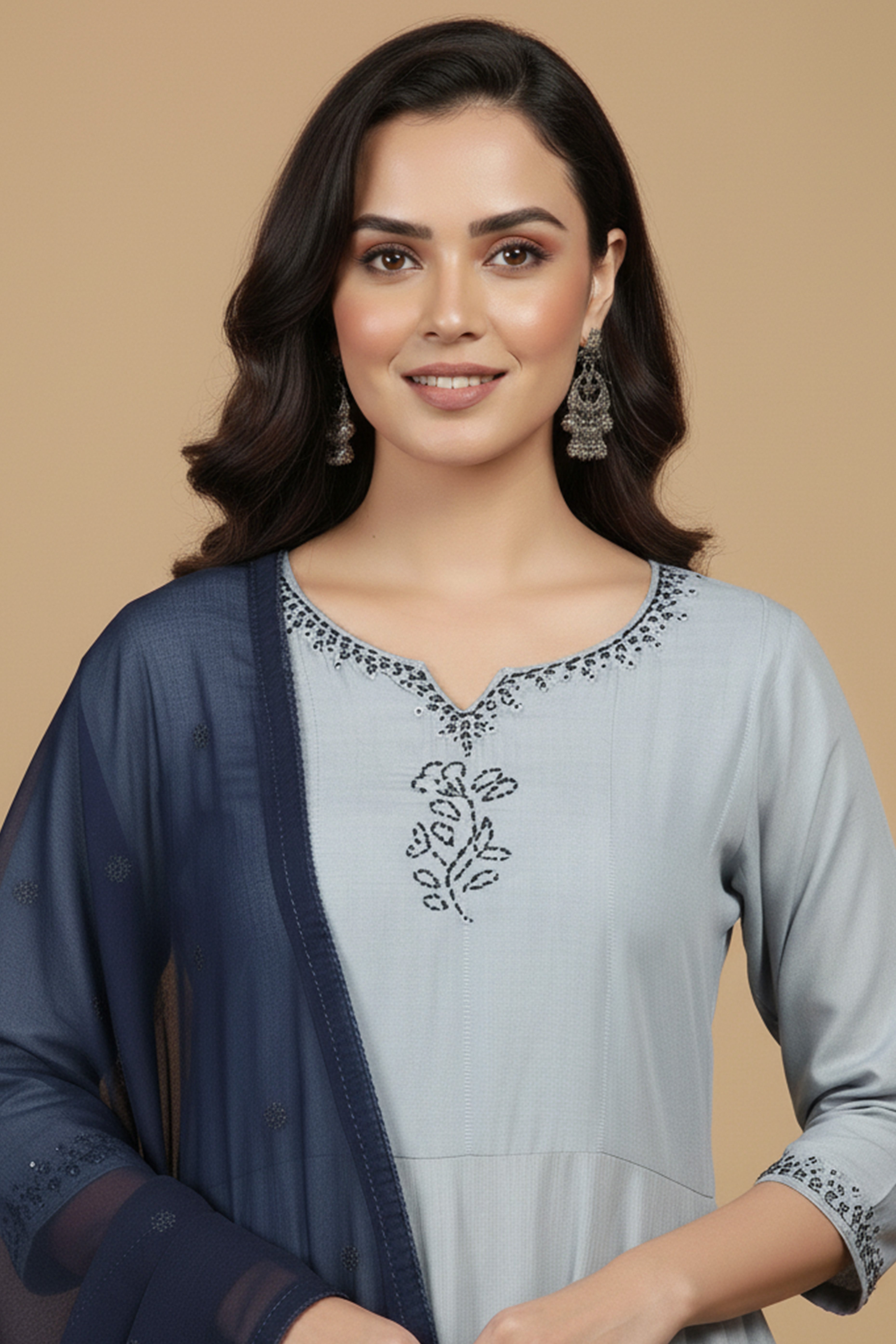 Grey & Blue Handwork Muslin Salwar Suit