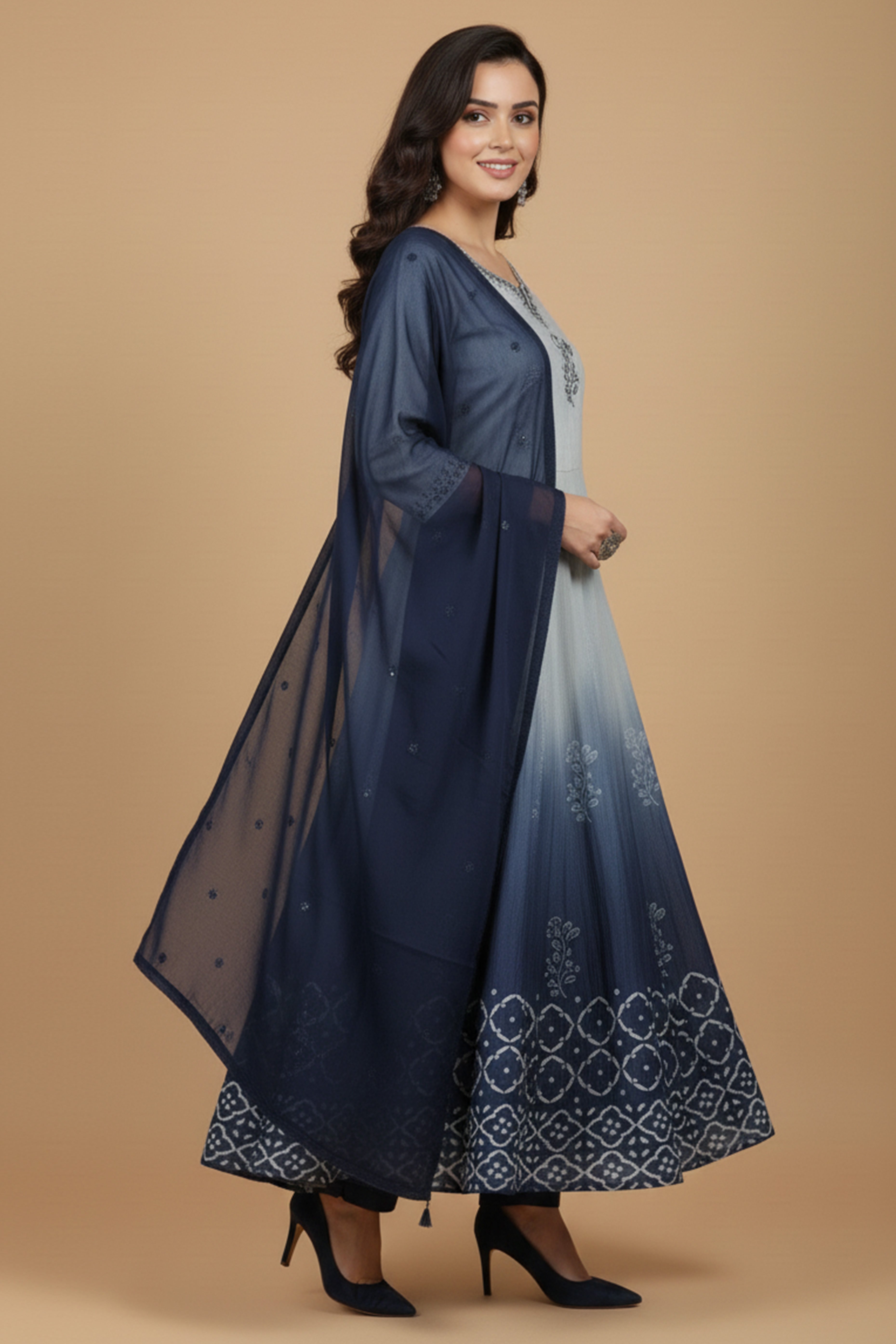 Grey & Blue Handwork Muslin Salwar Suit
