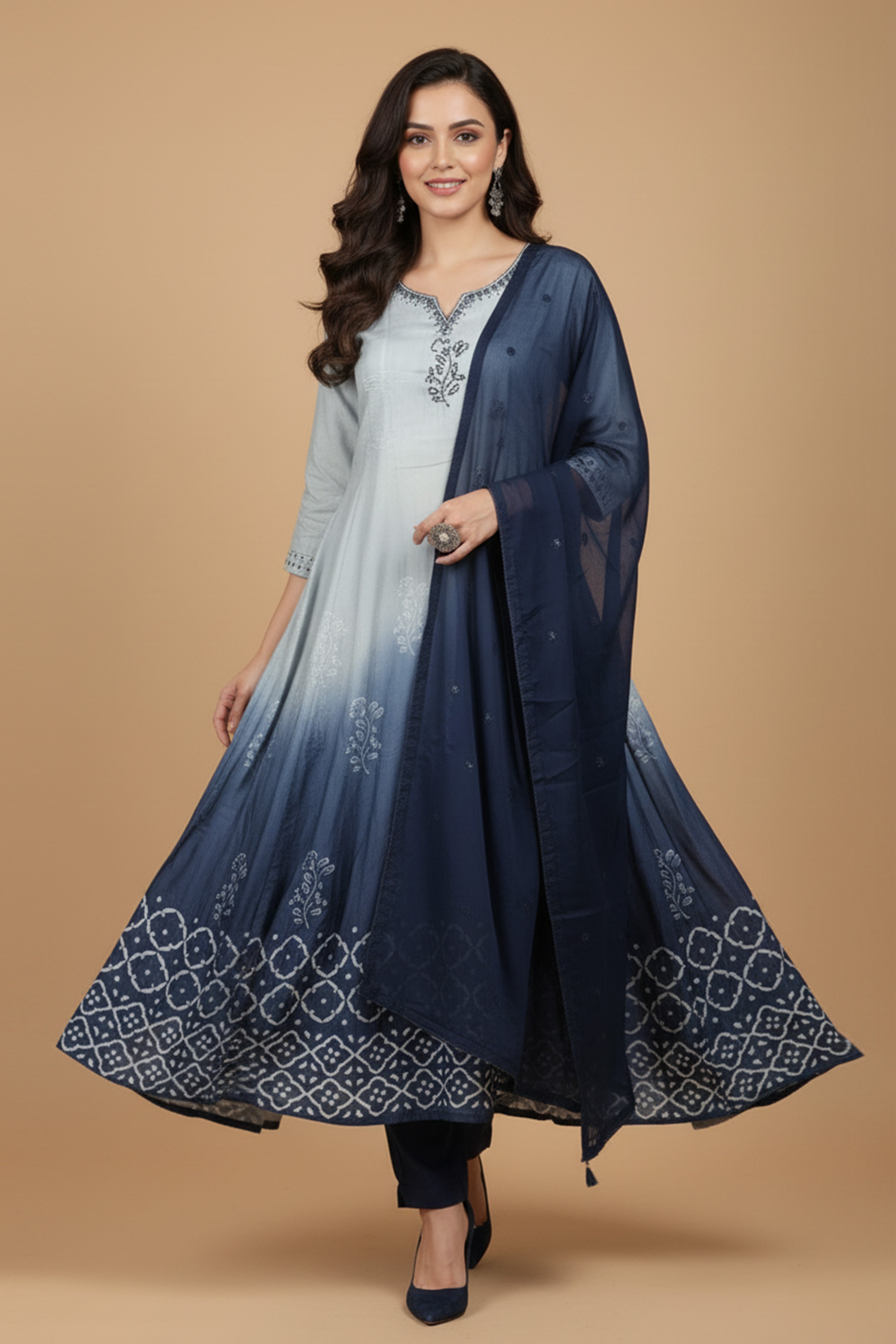Grey & Blue Handwork Muslin Salwar Suit