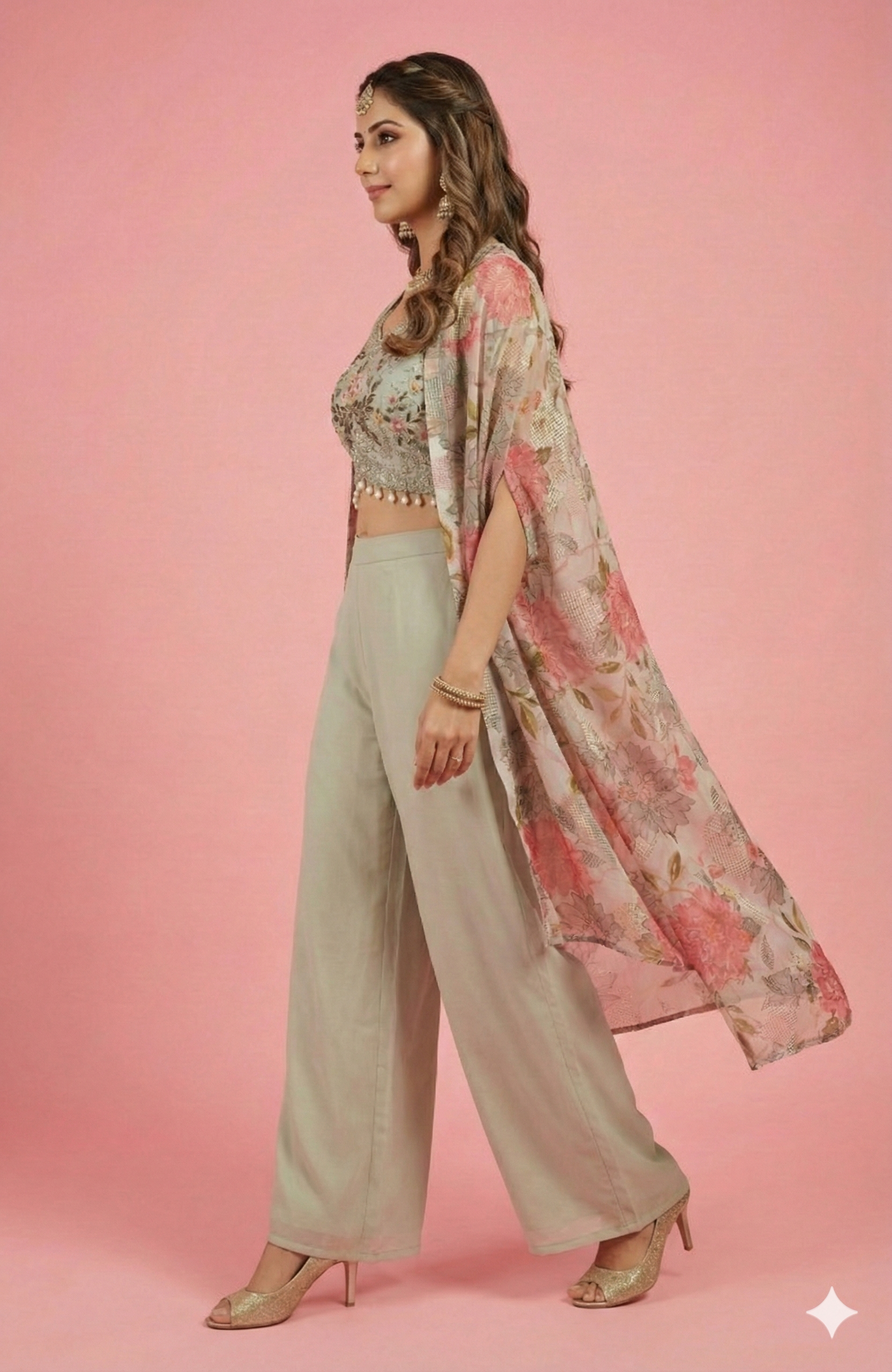 Grey Georgette Floral Printed & Embroidered Crop Top Ensemble with Coordinating Shrug and Palazzos