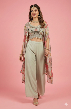 Grey Georgette Floral Printed & Embroidered Crop Top Ensemble with Coordinating Shrug and Palazzos