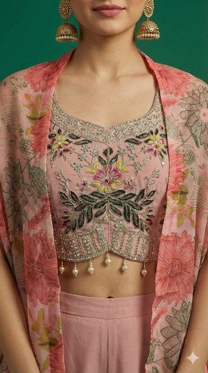 Peach Georgette Floral Printed & Embroidered Crop Top Ensemble with Coordinating Shrug and Palazzos
