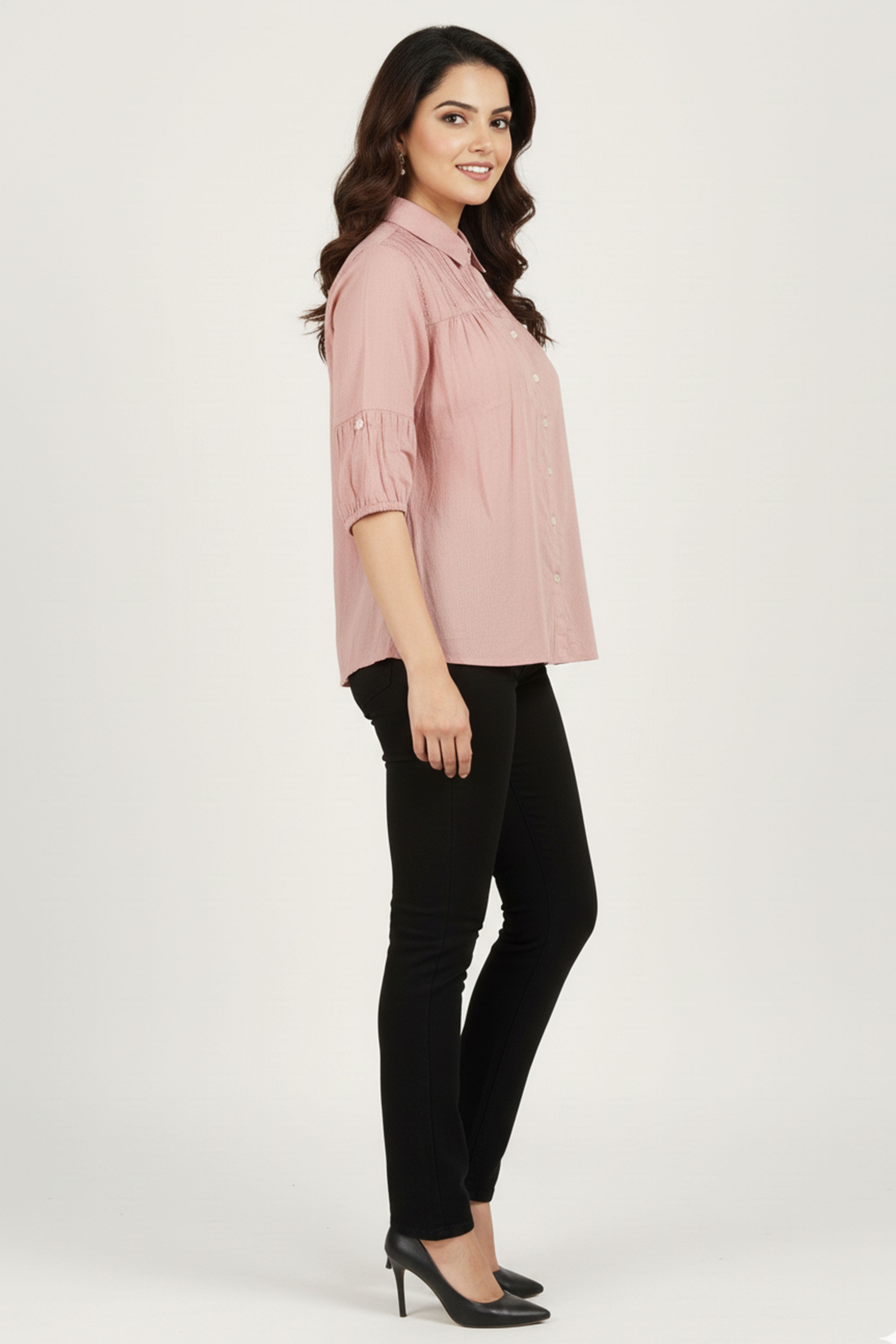 Elegant Peach Solid Cotton Shirt-Style Top