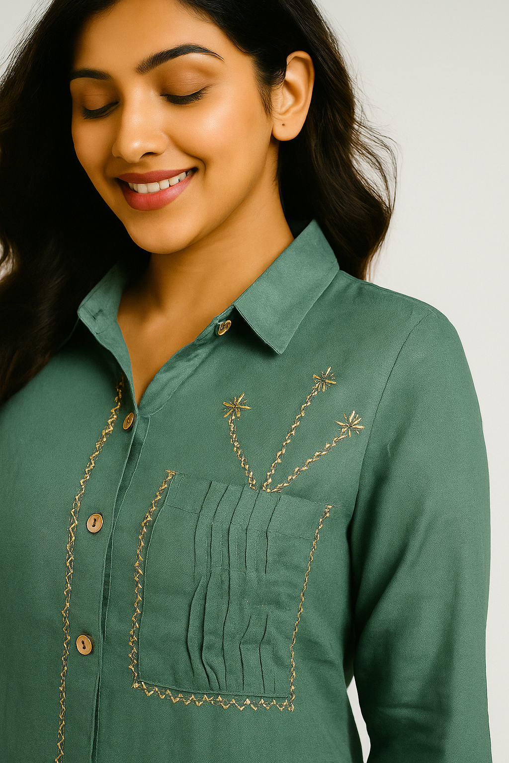 Green Pure Cotton Shirt Top with Embroidery Accent