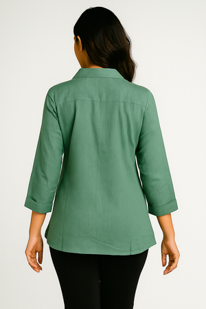 Green Pure Cotton Shirt Top with Embroidery Accent