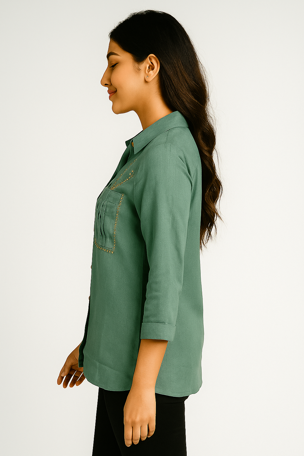 Green Pure Cotton Shirt Top with Embroidery Accent