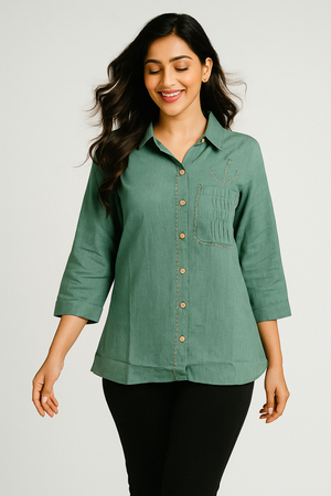 Green Pure Cotton Shirt Top with Embroidery Accent