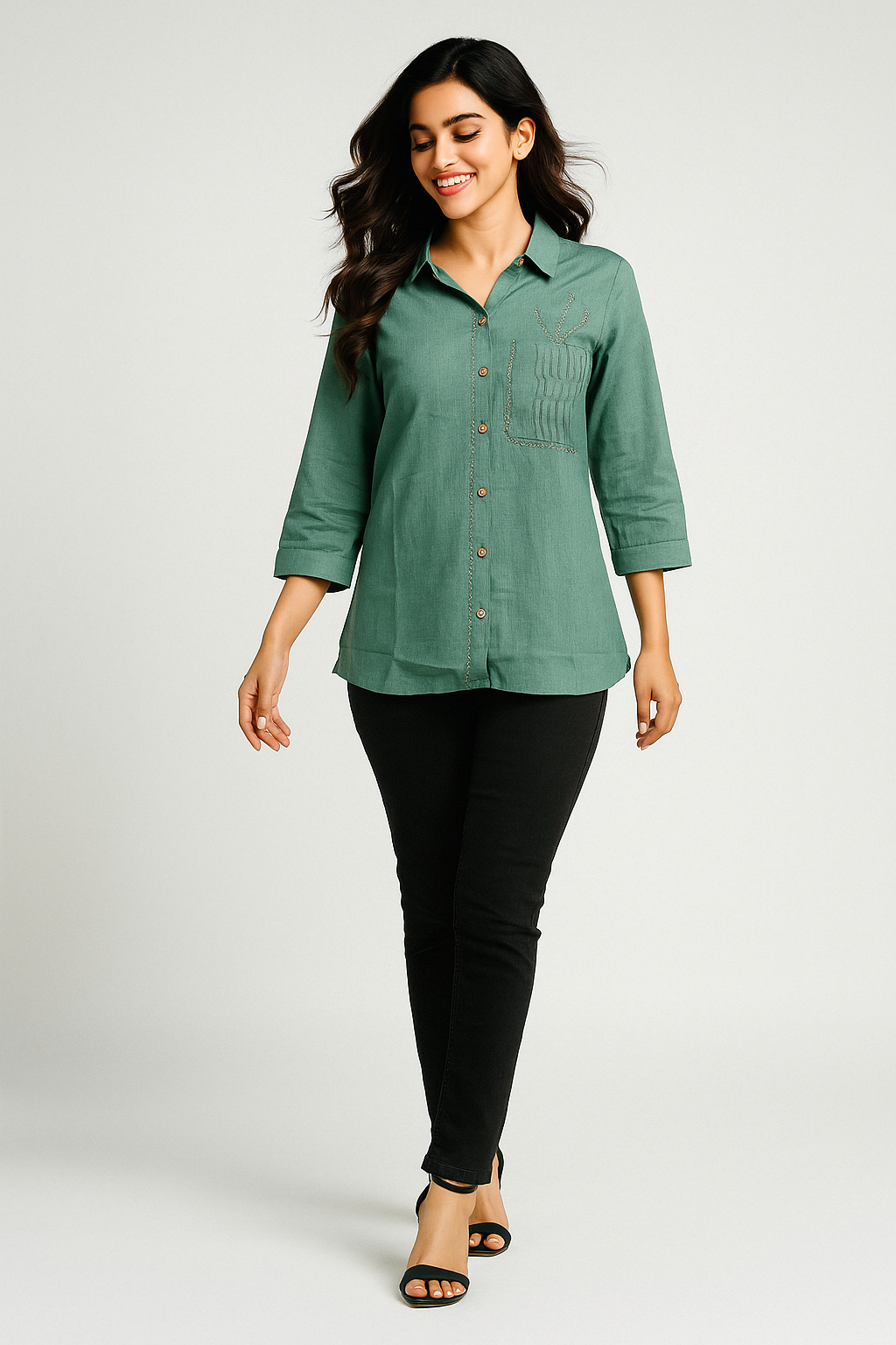 Green Pure Cotton Shirt Top with Embroidery Accent