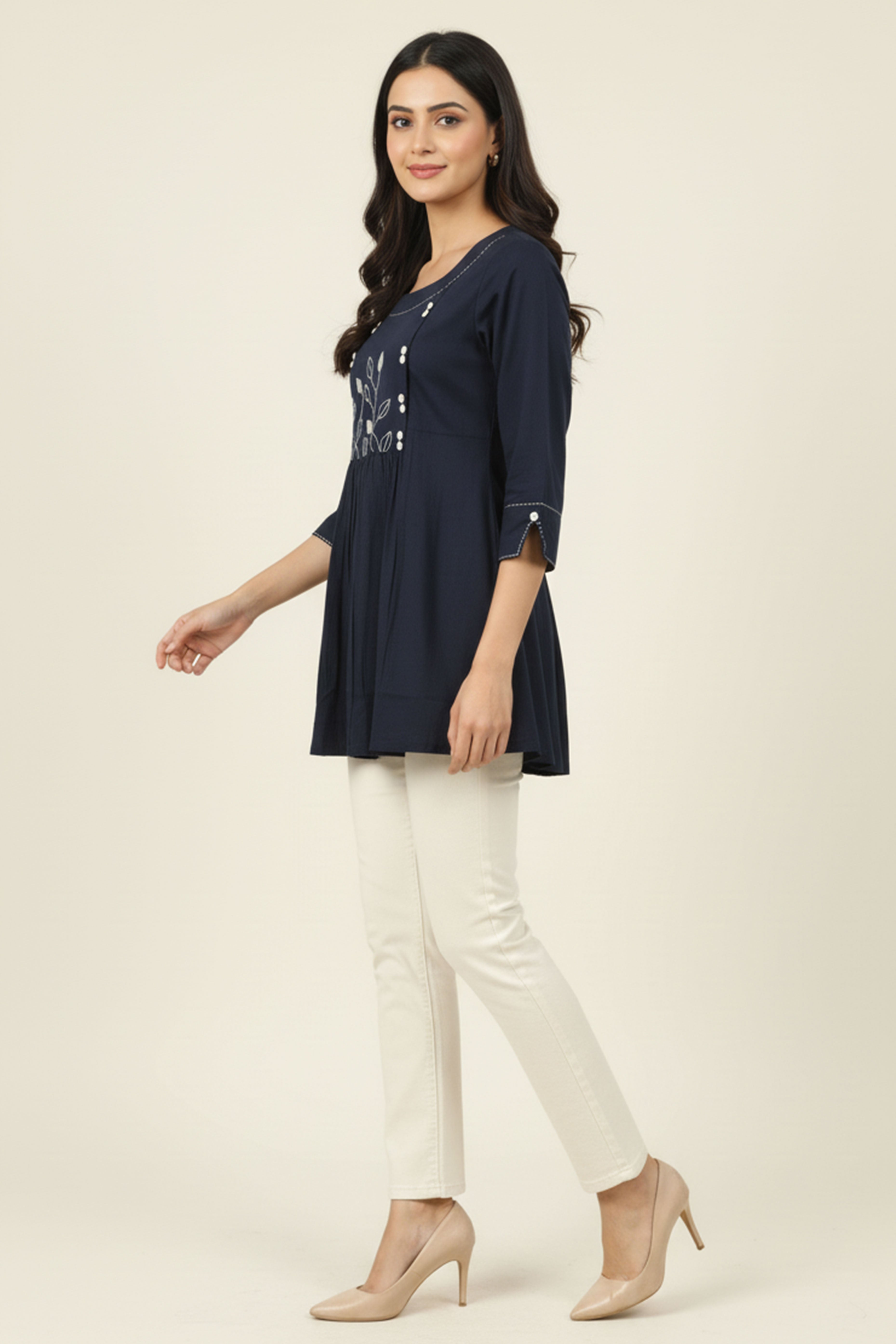 Navy Blue Cotton Tunic Top Featuring Embroidery Accents