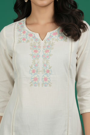 White Floral Embroidered A-Line Top in Pure Cotton