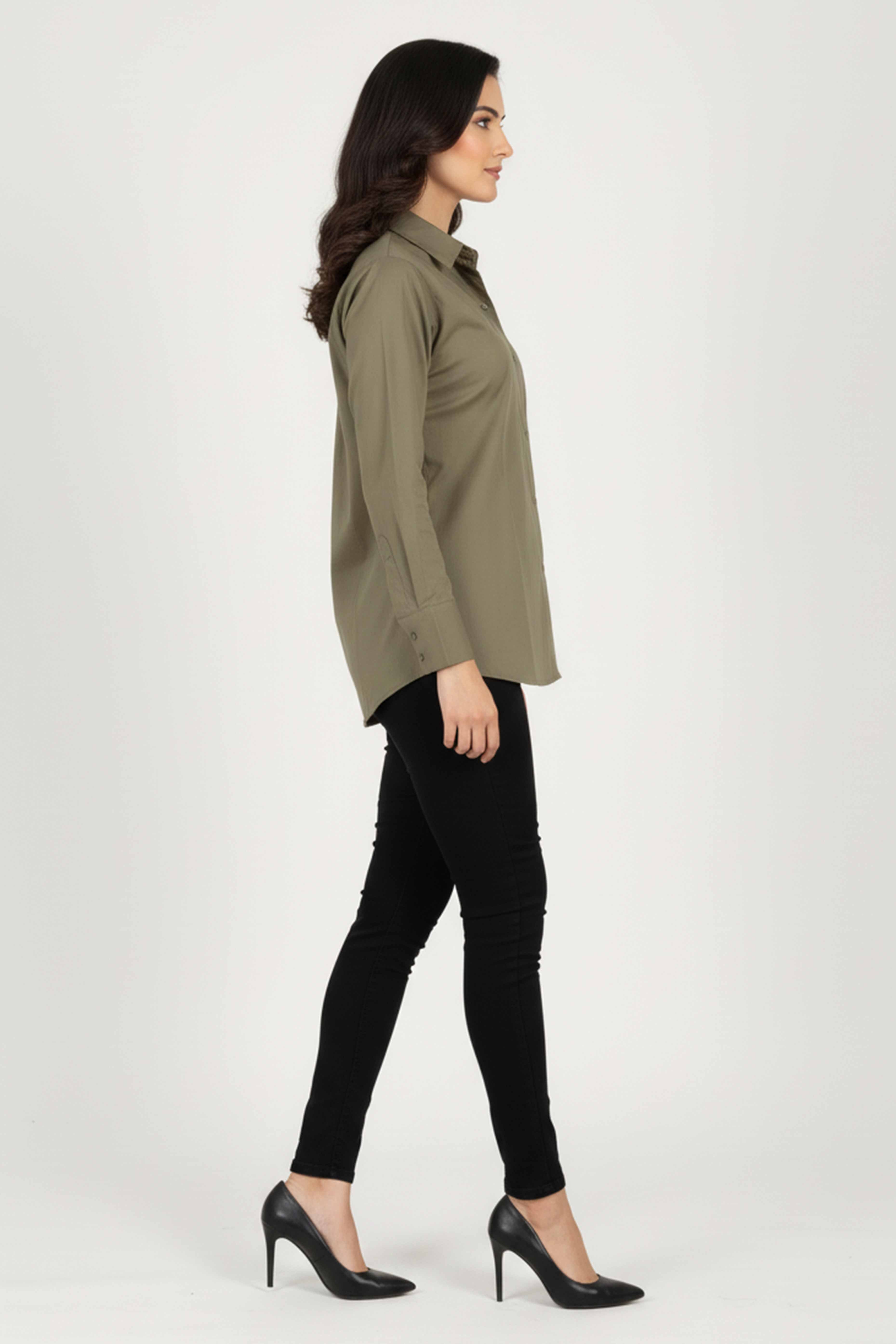 Trendy Olive Green Solid Cotton Blend Casual Shirt With Classic Spread Collar Finish