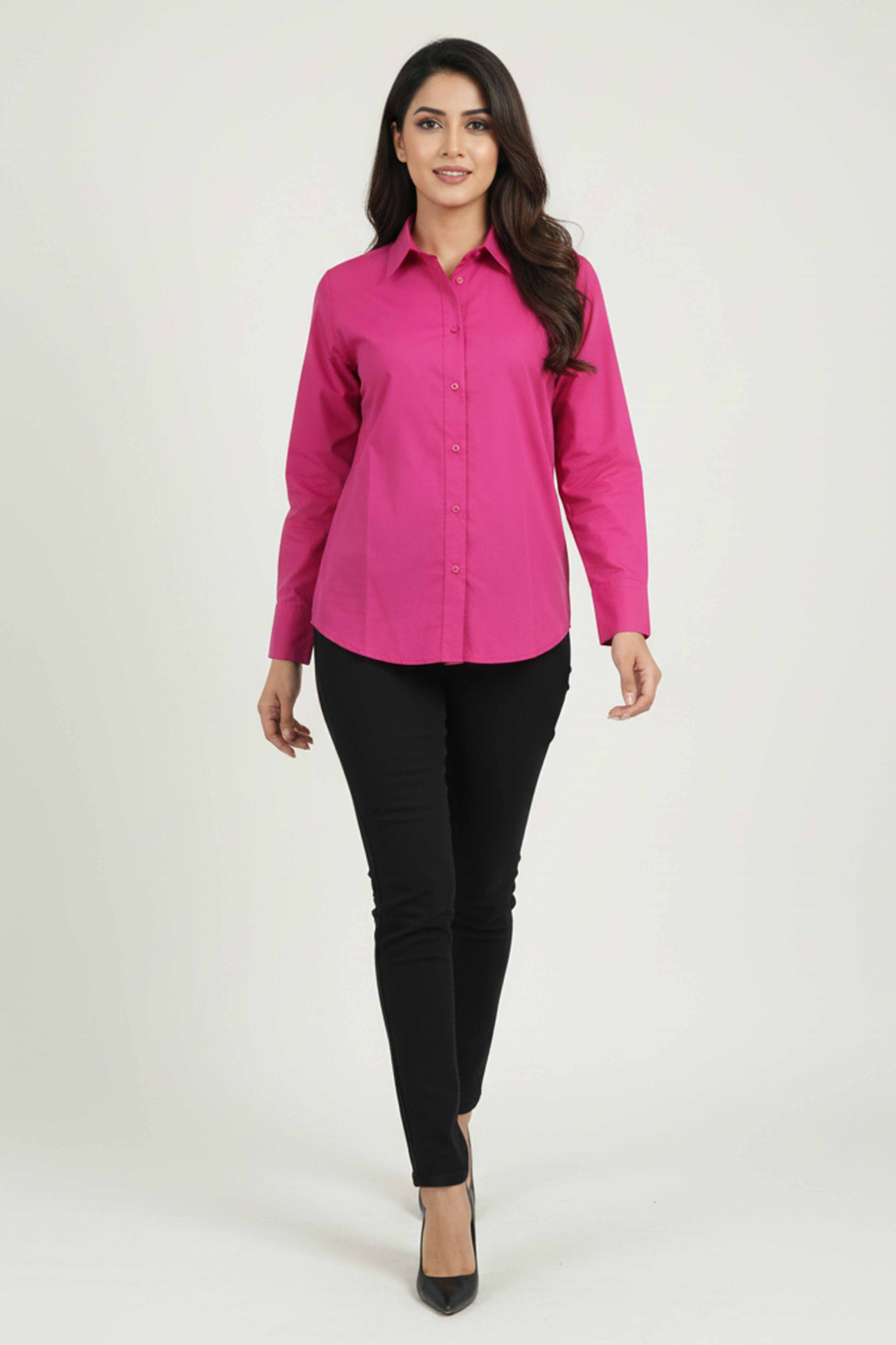 Elegant Pink Solid Cotton Blend Casual Shirt With Classic Spread Collar Finish
