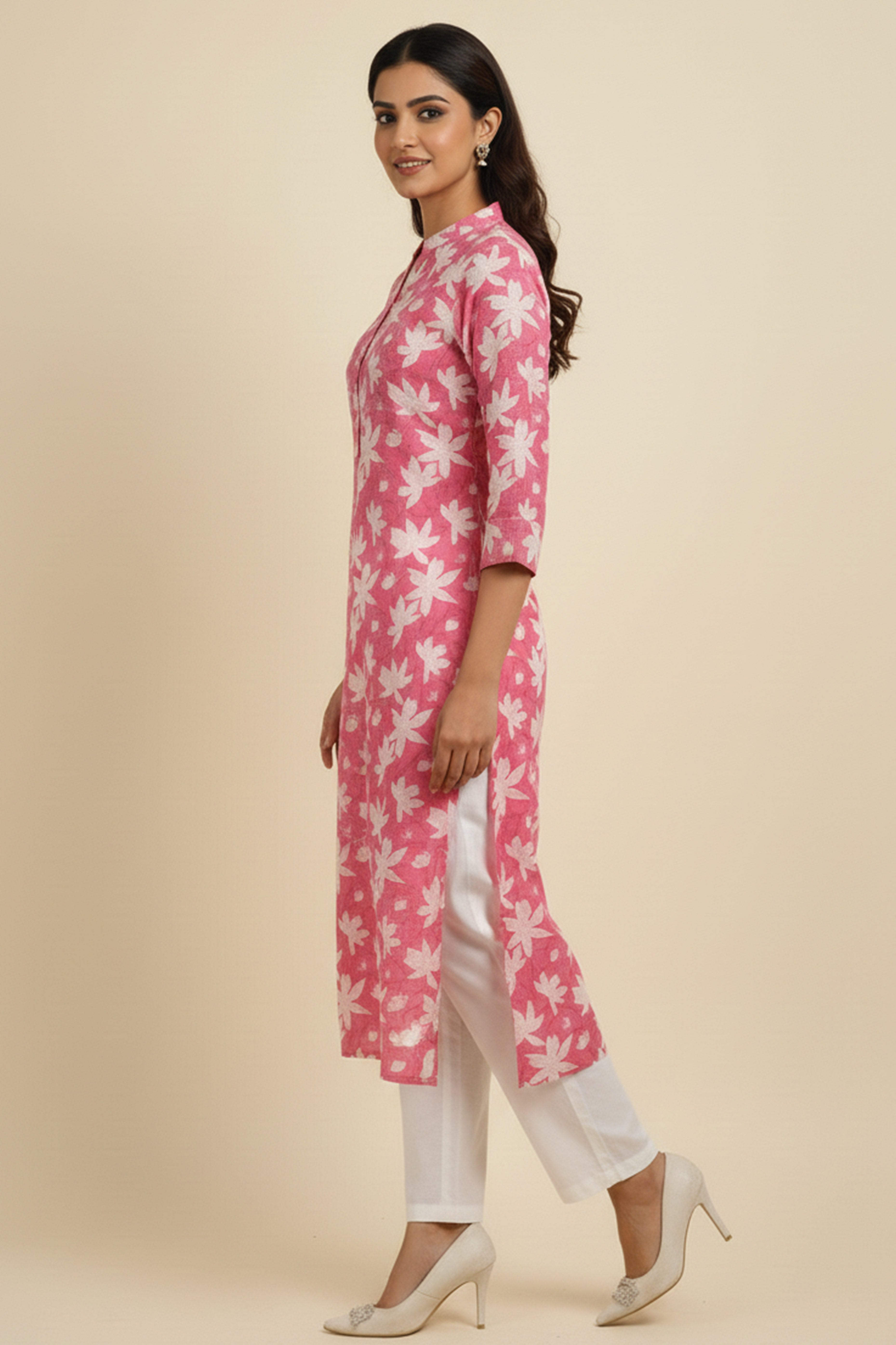 Pink Floral Printed Straight Kurti with Handcrafted Mirror Work Detailing