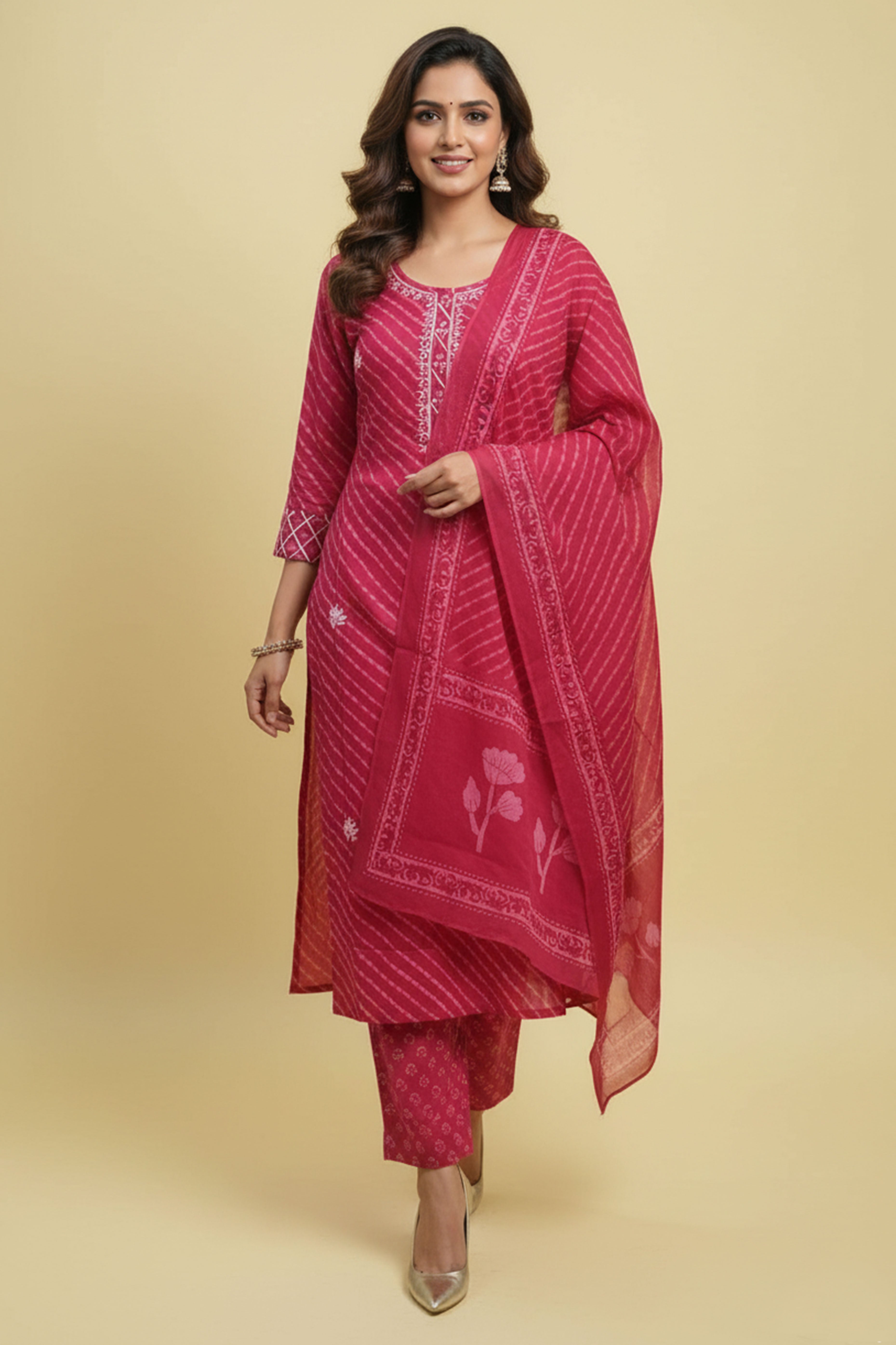 Graceful Pink Cotton Salwar Suit Highlighted with Leheriya Print and Thread Detailing