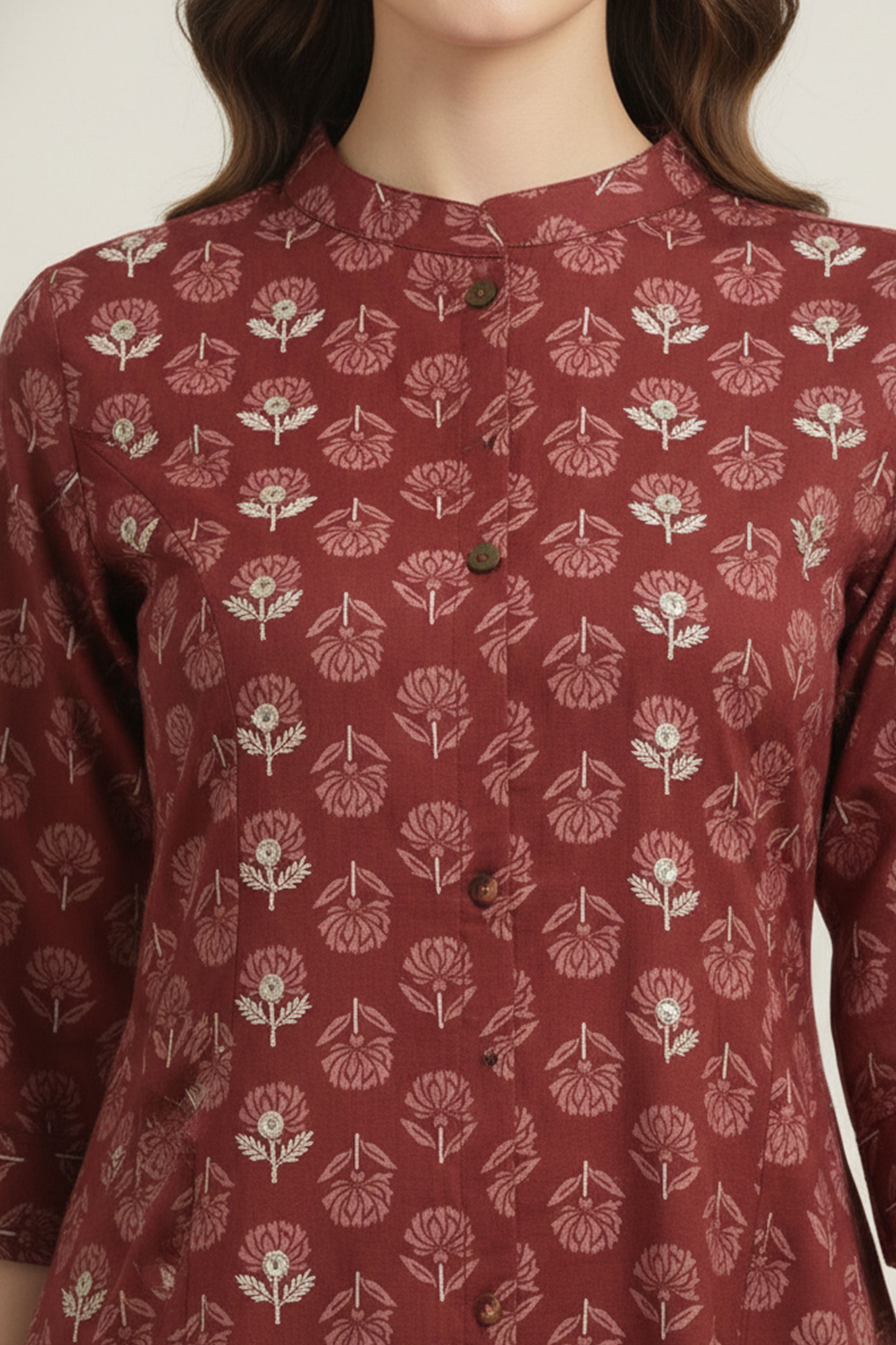Lightweight Maroon Floral Printed A-Line Kurti Perfect for Everyday Styling and Comfort